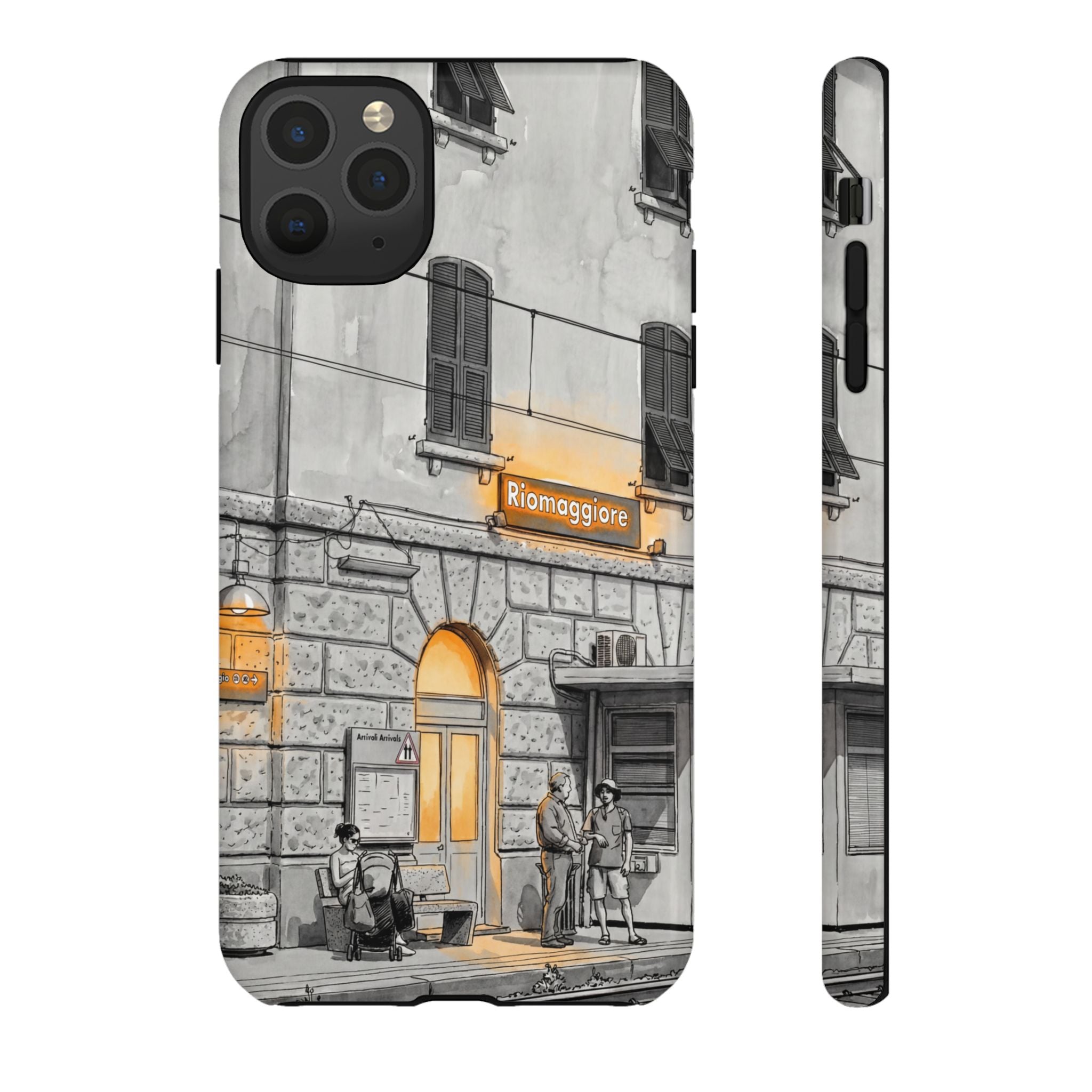 Cinque Terre Train Station iPhone Case | Black & White Sketch with Warm Yellow Accents