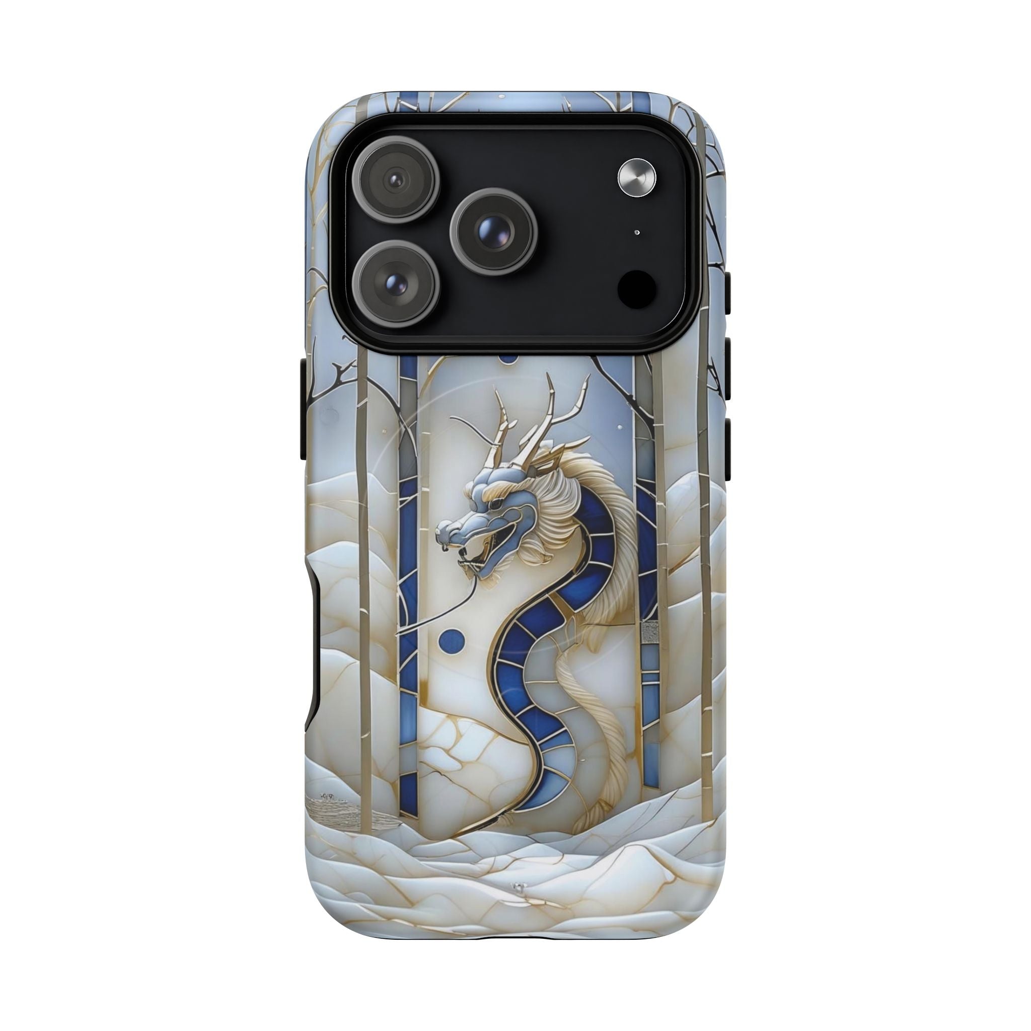 Dragon Stained Glass Tough MagSafe Phone Case — Blue & Ivory Medieval Art