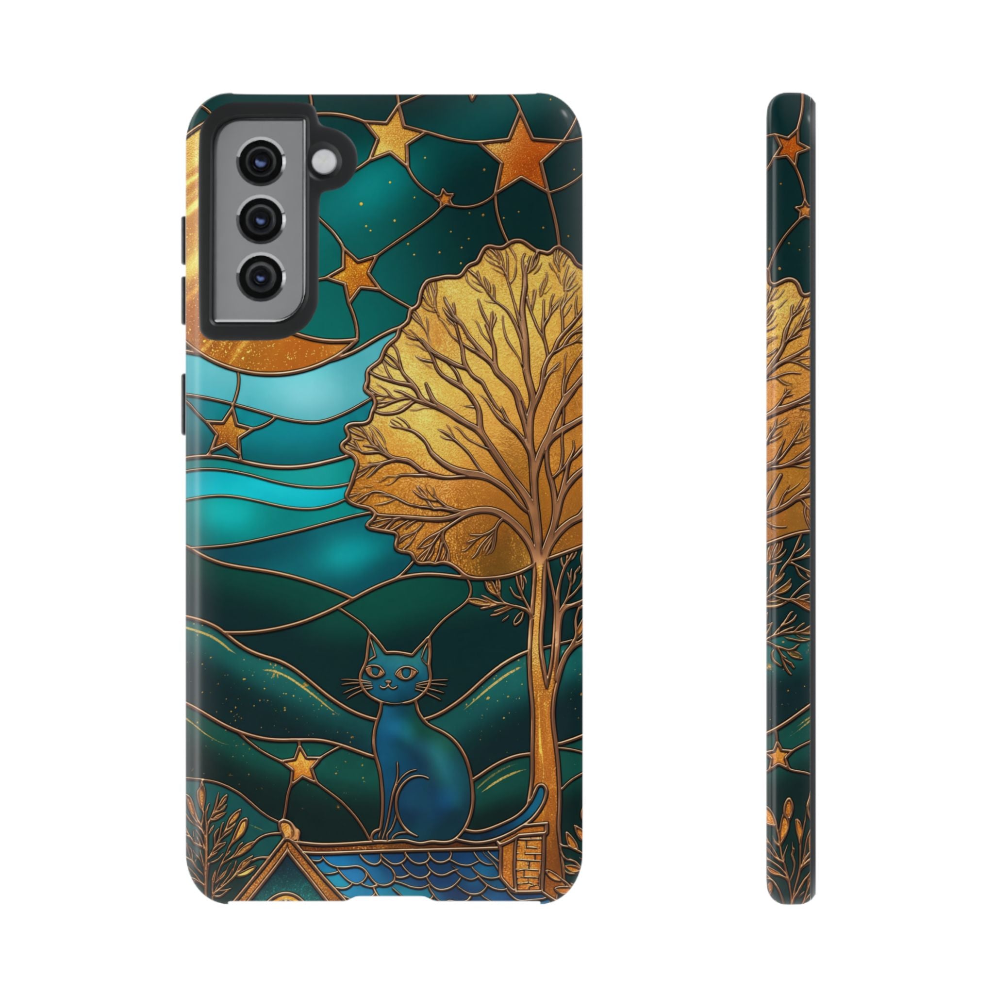 Stained Glass Cat Tough Samsung Galaxy Case | Gold Tree & Starry Night Design
