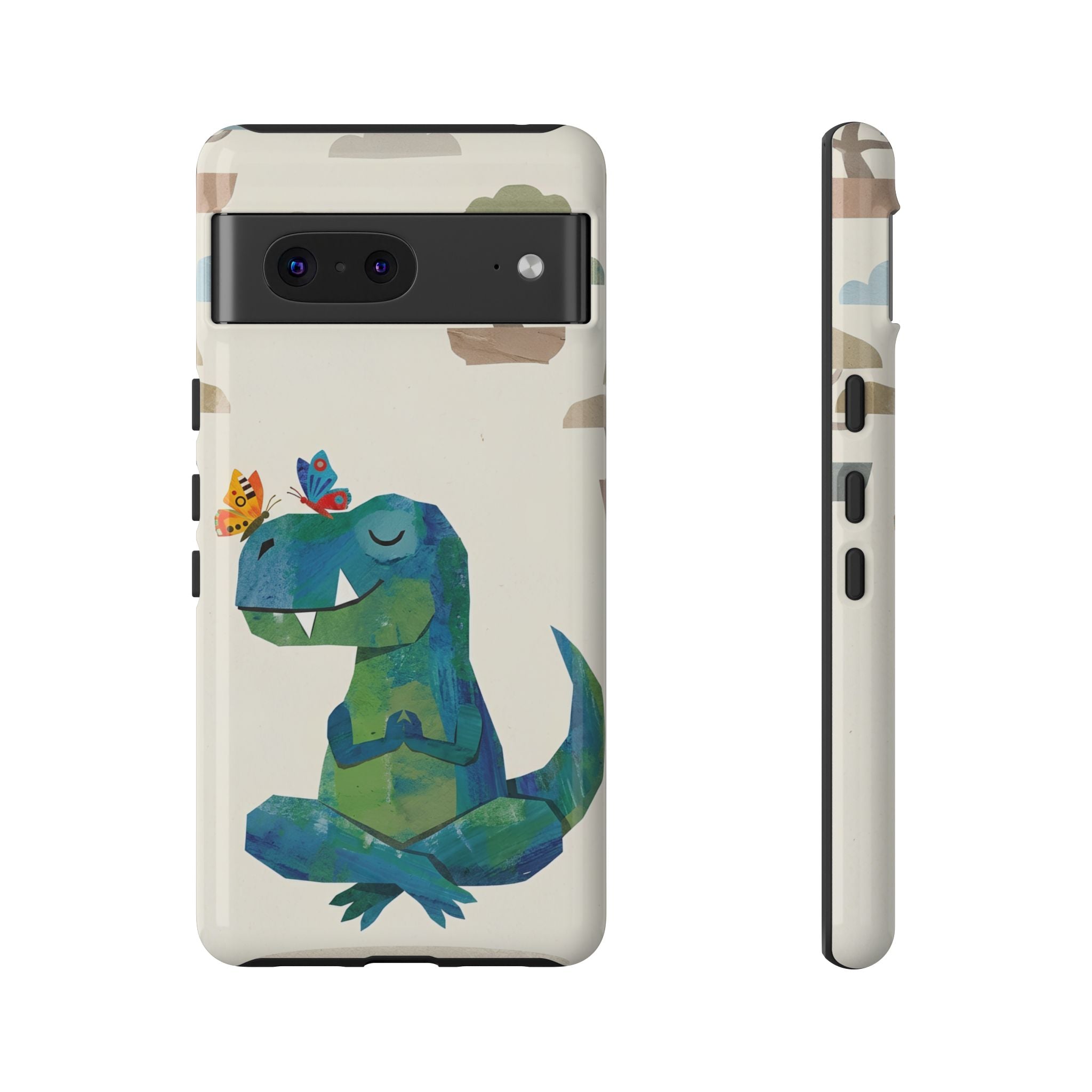 Meditating Dinosaur Google Pixel Phone Case | Cute T-Rex with Butterflies and Bonsai