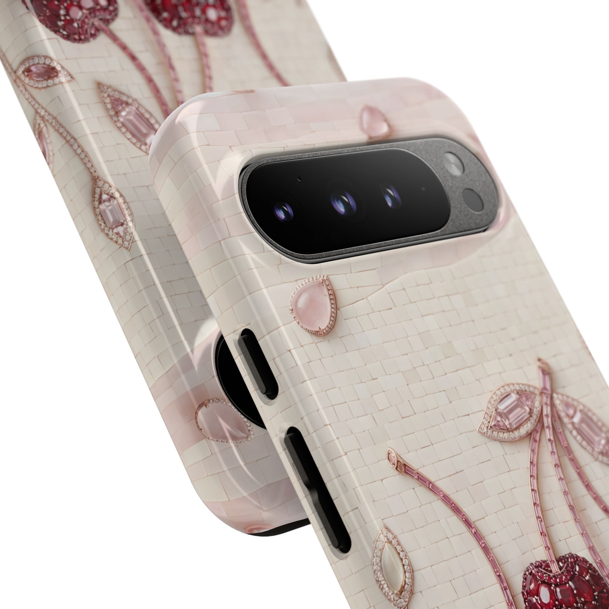 Cherry Embroidery Google Pixel Phone Case | Glitter Red Cherries Pattern