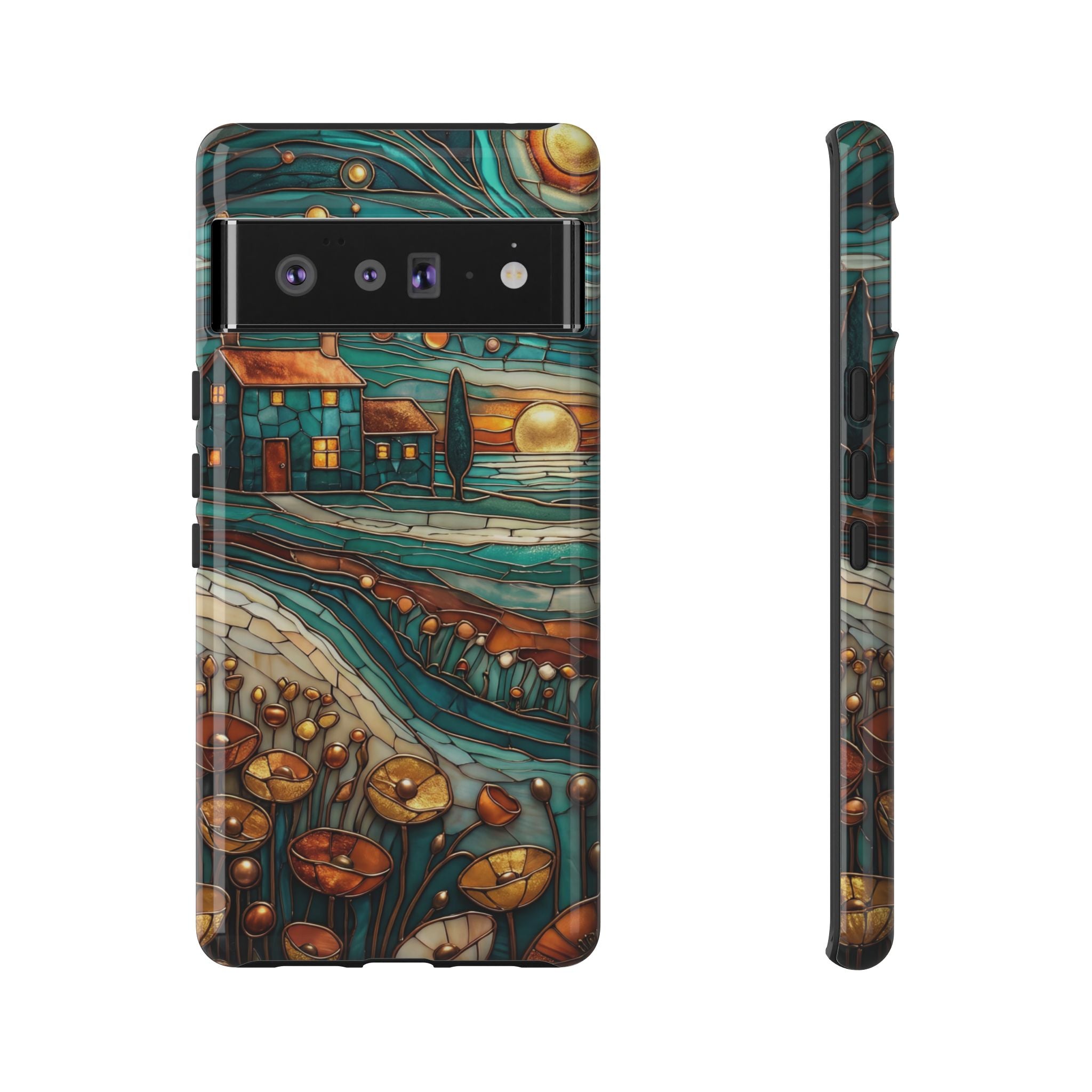 Artistic Sunset Cottage Google Pixel Case | Whimsical Floral Landscape Protective Cover