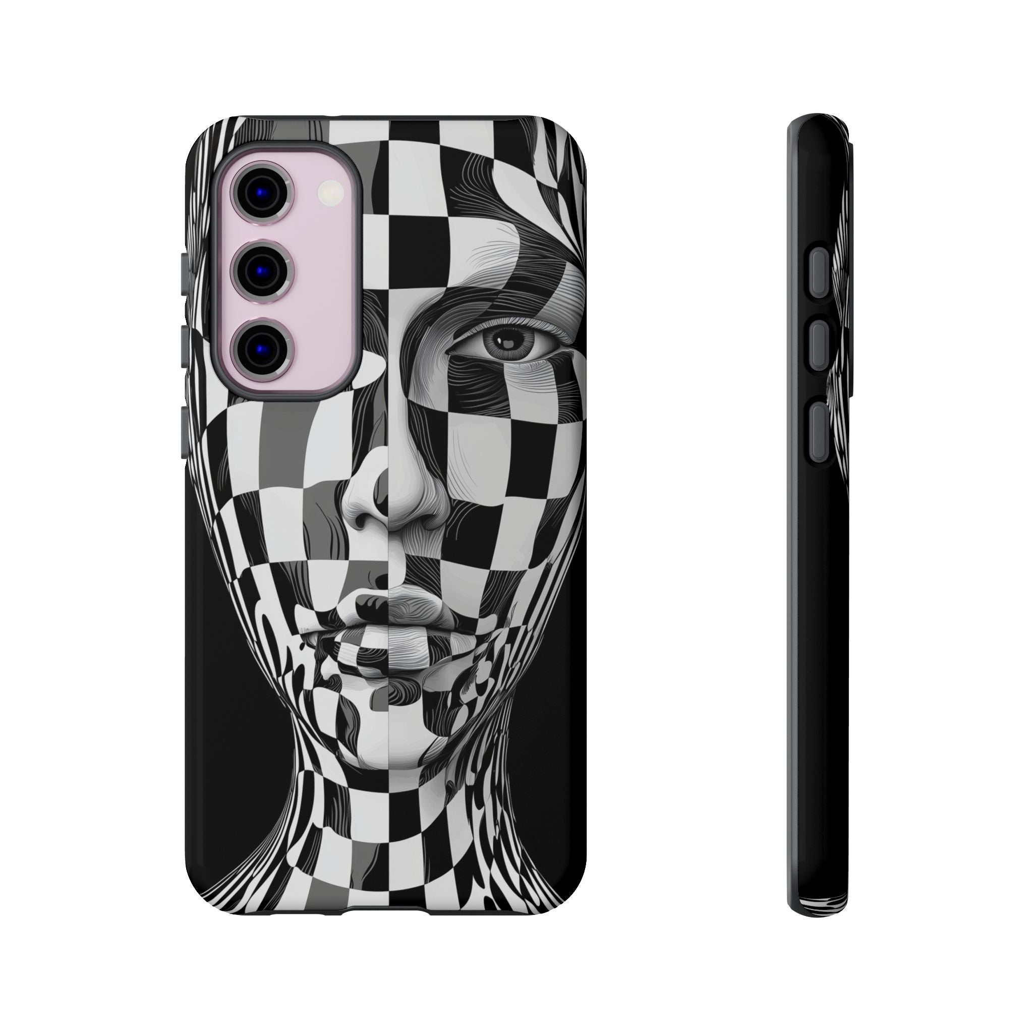 Checkerboard Face Tough Samsung Galaxy Case — Black & White Surreal Art Protective Cover
