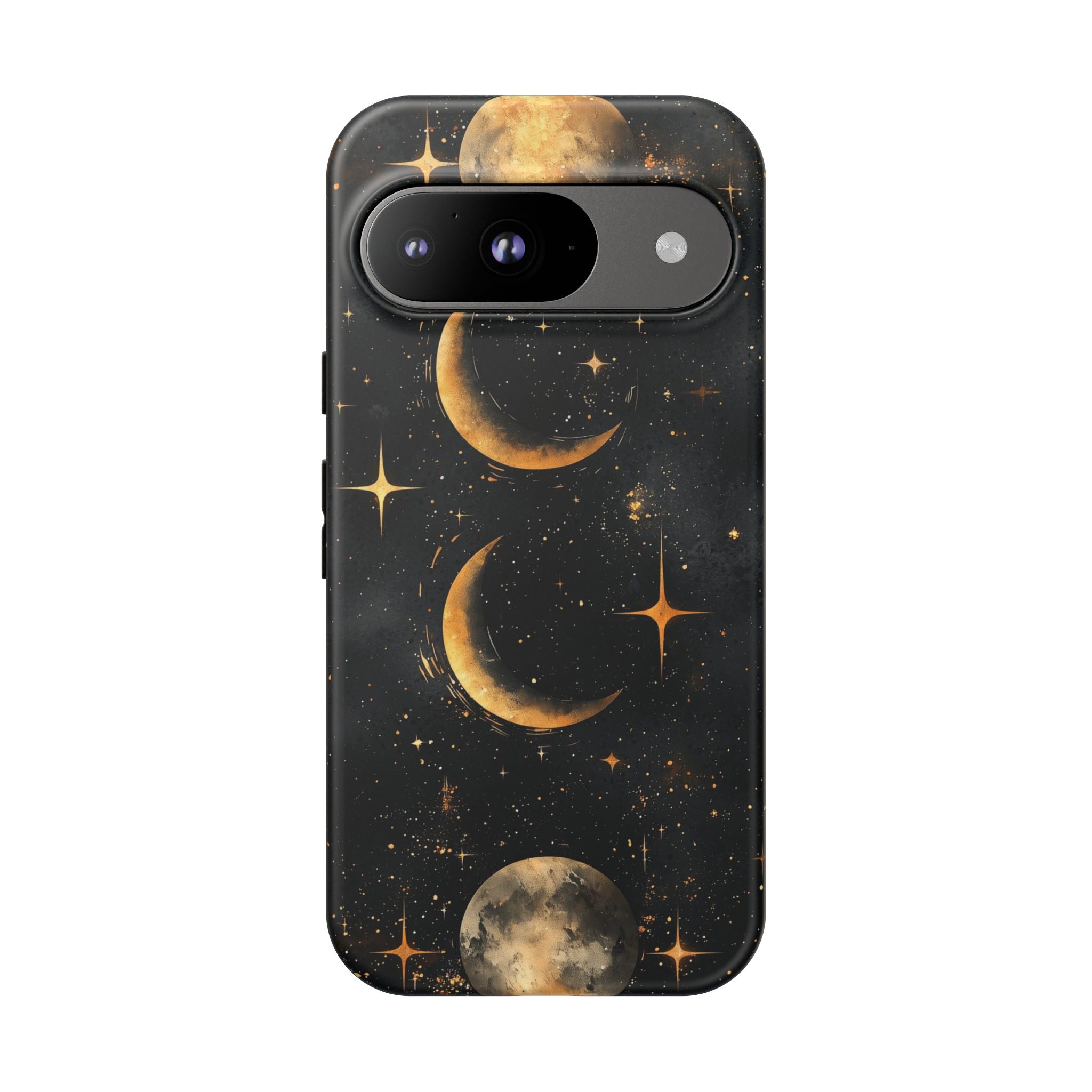 Celestial Moon Phases Tough Google Pixel Case | Gold Crescent & Full Moon Galaxy Design