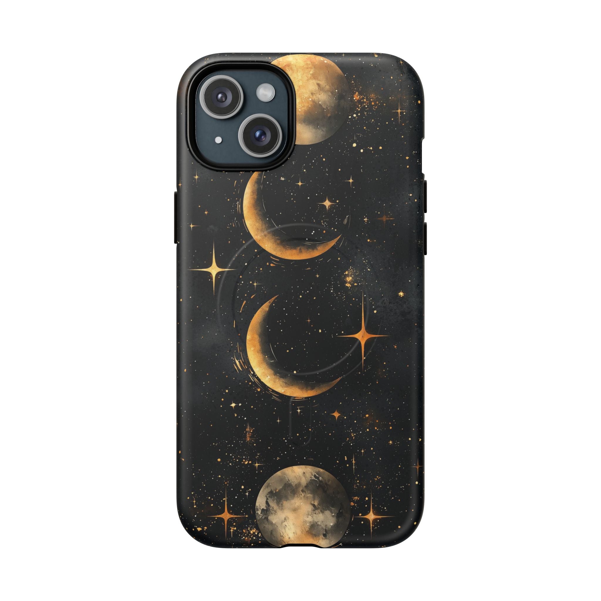 Custodia rigida MagSafe per iPhone con fasi lunari celestiali | Design a forma di galassia con mezzaluna dorata e luna piena