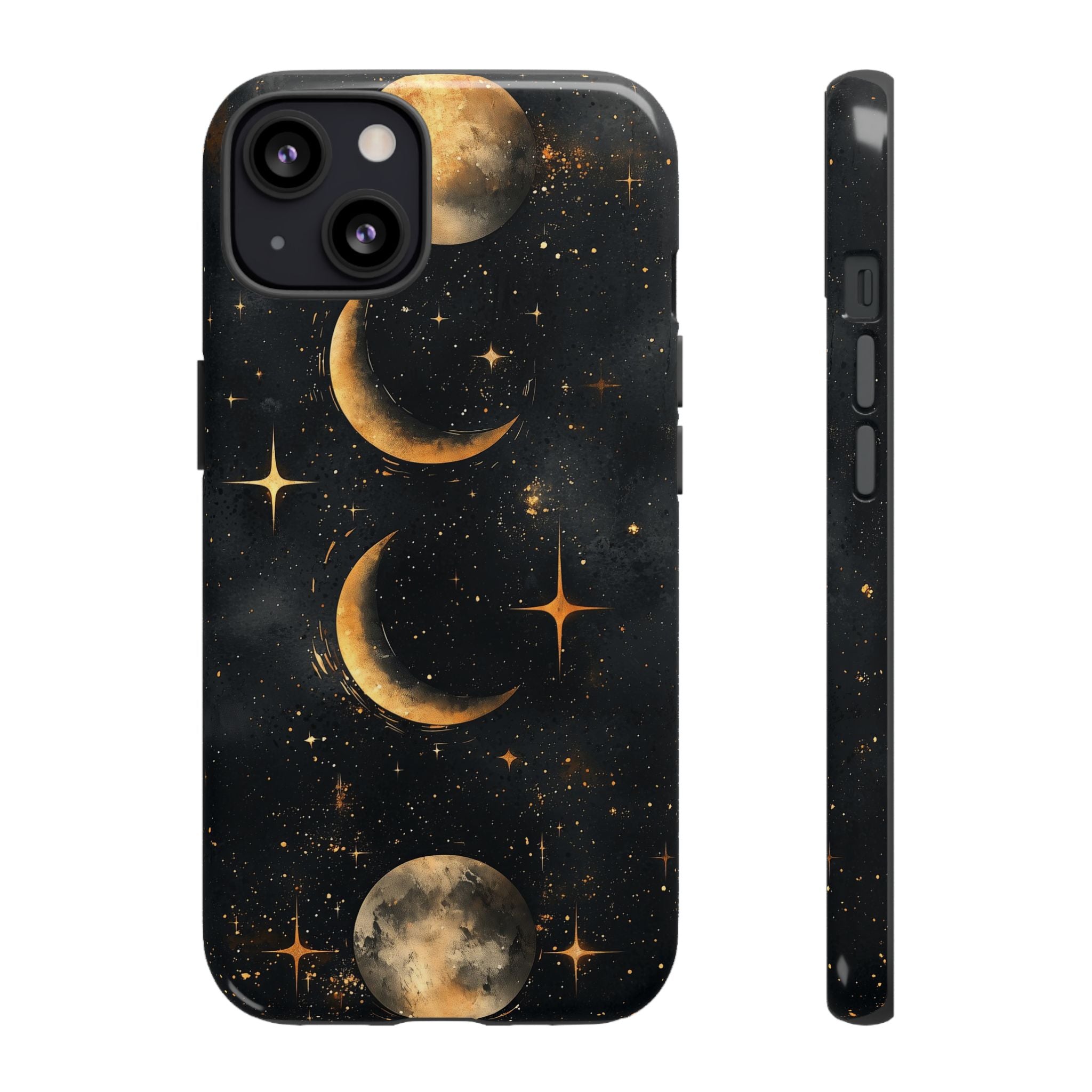 Celestial Moon Phases Tough iPhone Case | Gold Crescent & Full Moon Galaxy Design