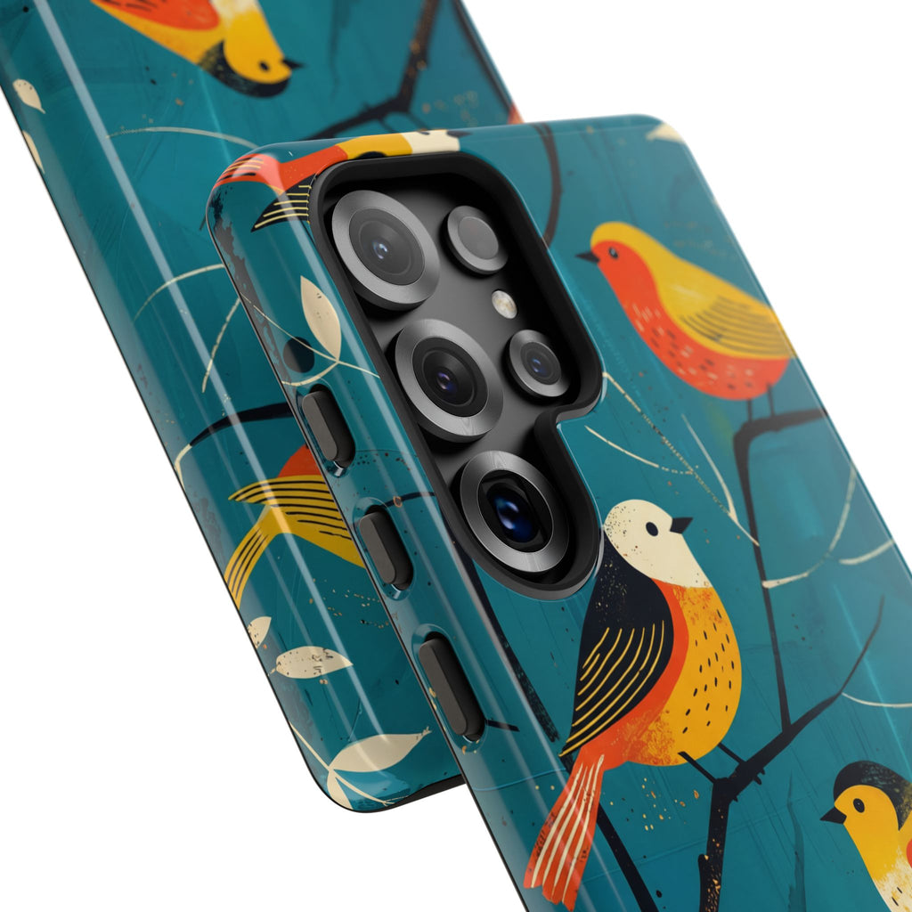 Bird Pattern Tough Samsung Galaxy Phone Case | Colourful Songbirds on Teal Background