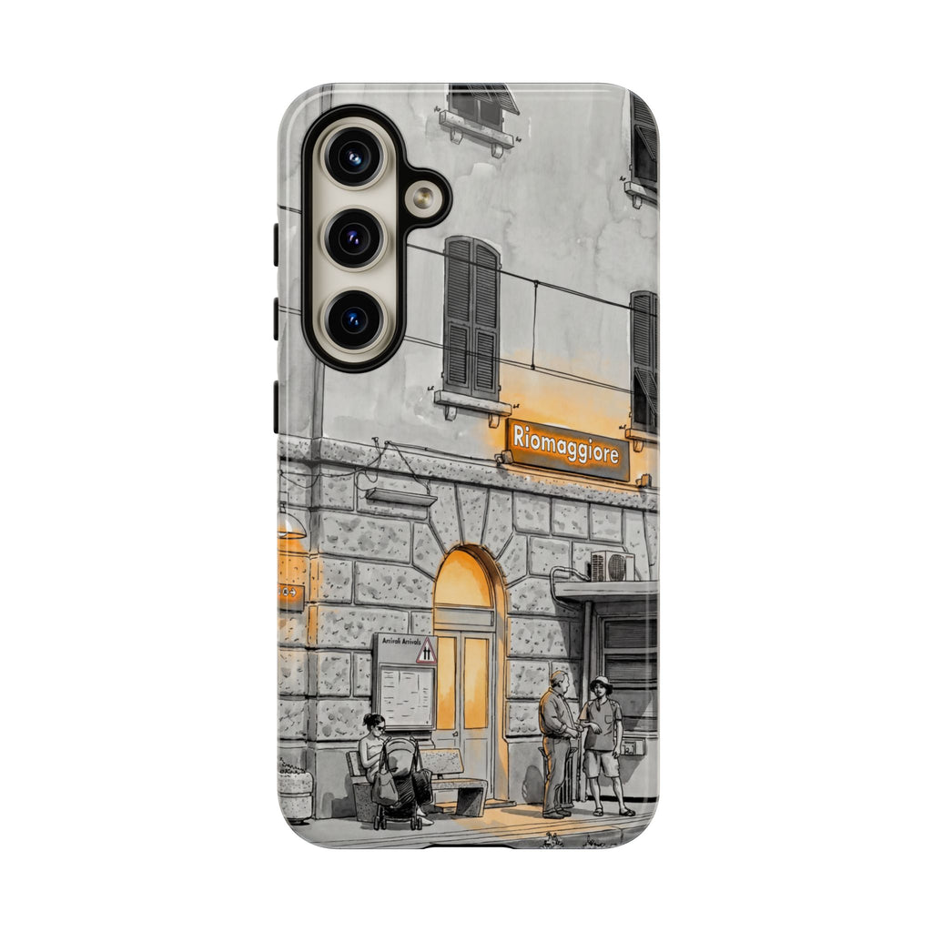 Custodia per Samsung Galaxy con stazione ferroviaria Cinque Terre | Schizzo in bianco e nero con accenti gialli caldi