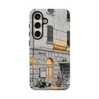 Custodia per Samsung Galaxy con stazione ferroviaria Cinque Terre | Schizzo in bianco e nero con accenti gialli caldi