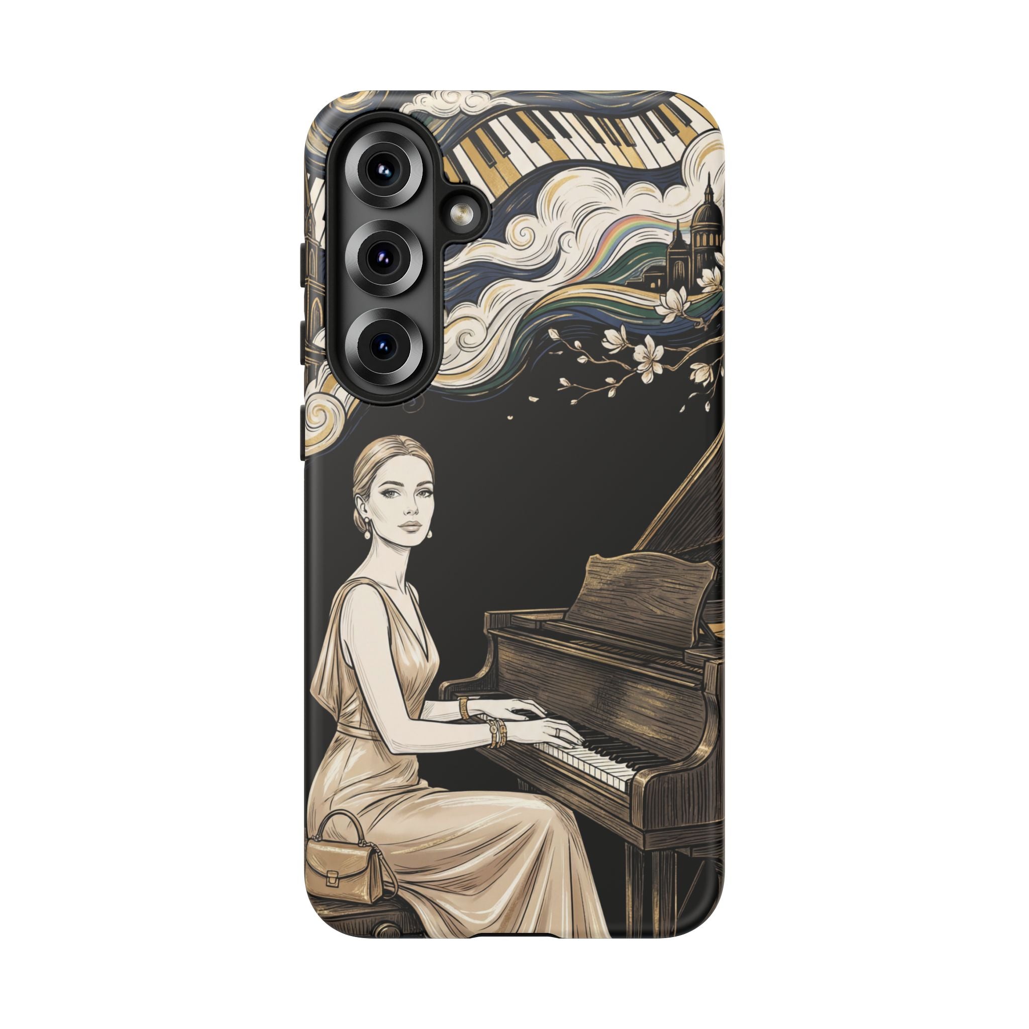 Elegant Piano Woman Samsung Galaxy Phone Case | Vintage Art Deco Music Design