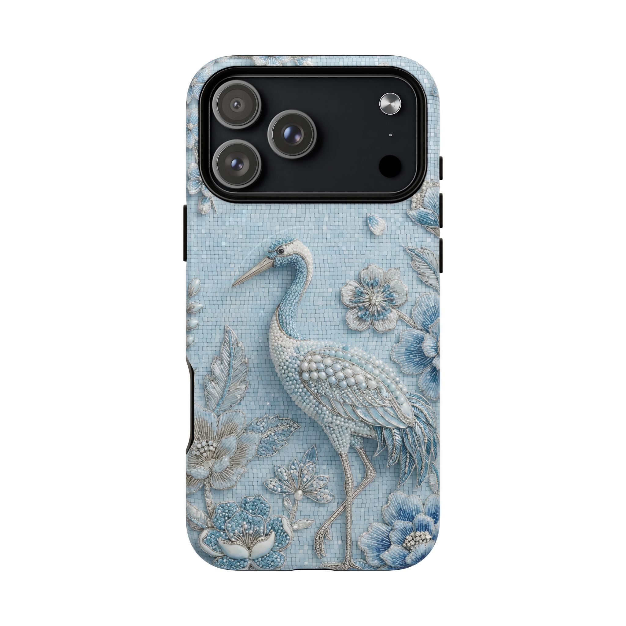 Blue Crane Floral MagSafe iPhone Case | Vintage Embossed Bird Design