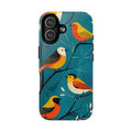 Bird Pattern Tough MagSafe iPhone Case | Colourful Songbirds on Teal Background