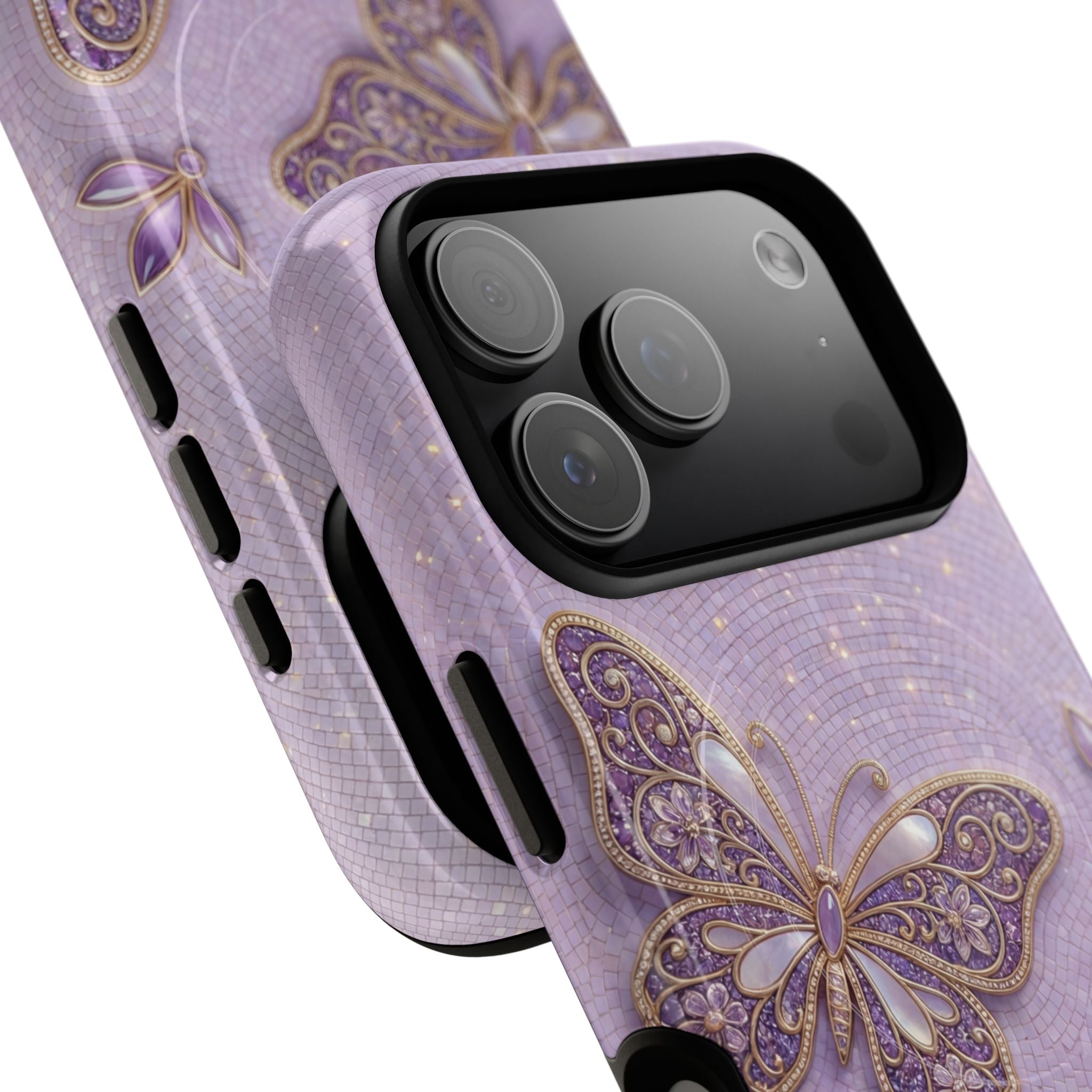 Purple Butterfly Tough MagSafe iPhone Case | Sparkling Floral Protective Cover
