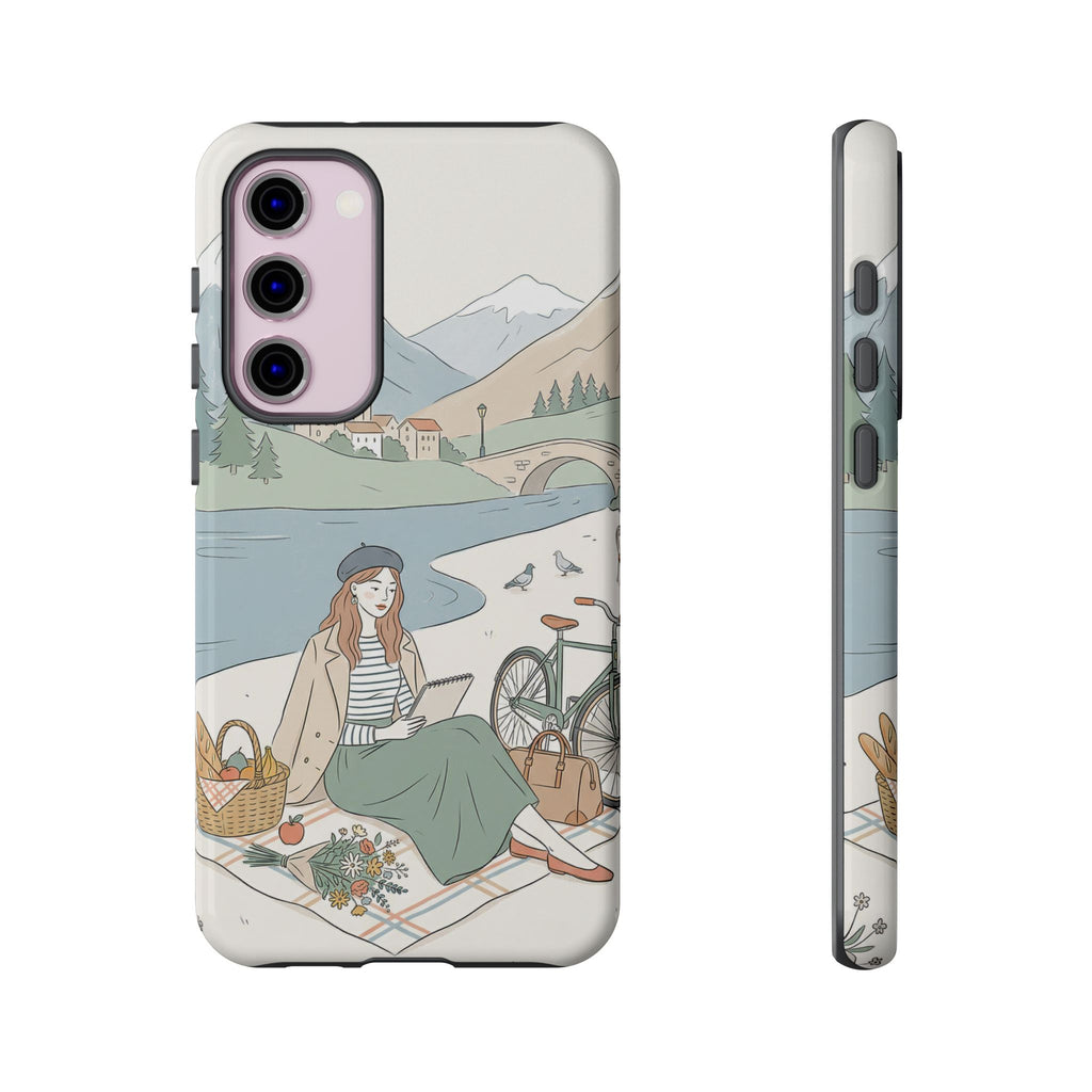 Scenic Picnic Samsung Galaxy Phone Case | Vintage Bicycle & Mountain Illustration