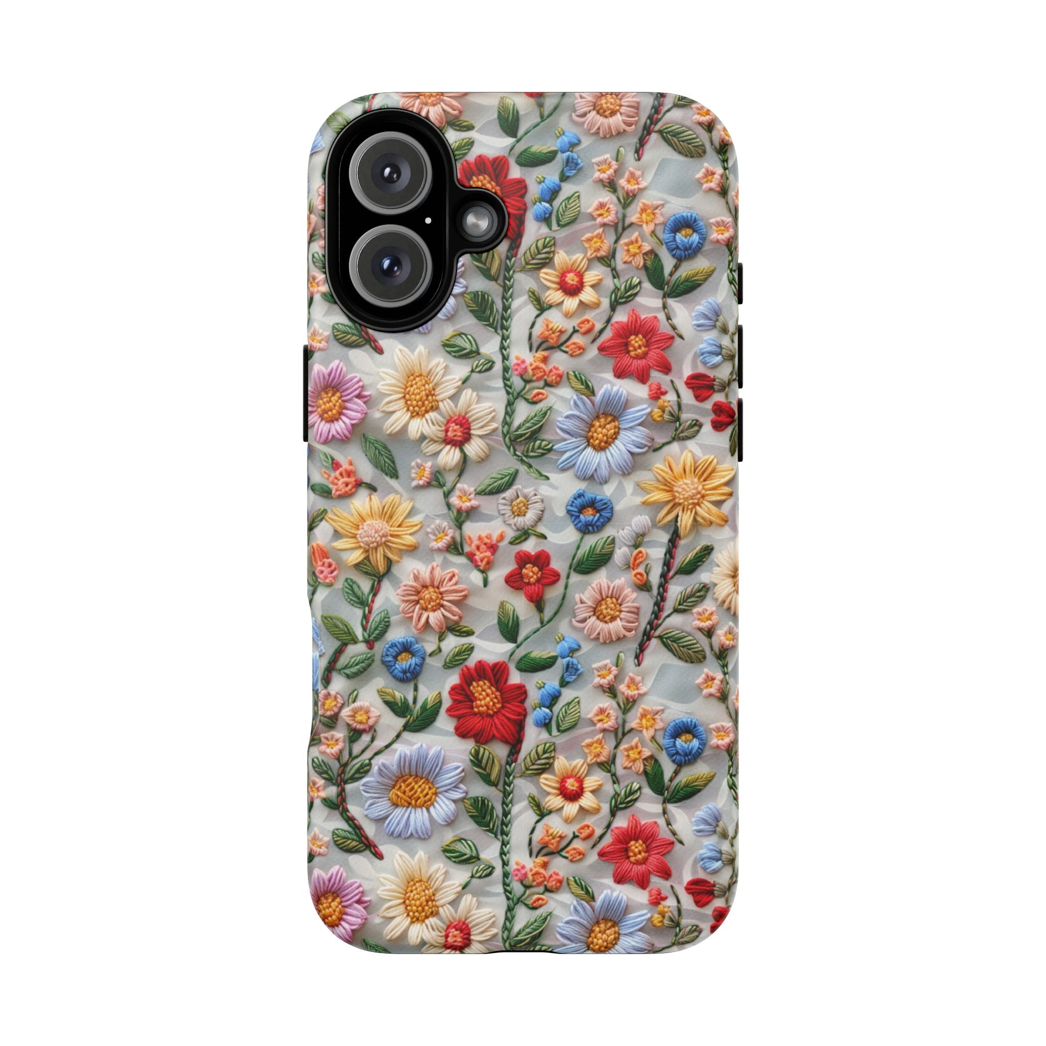 Floral Embroidered Pattern Tough iPhone Case — Colourful Daisy & Wildflower Design