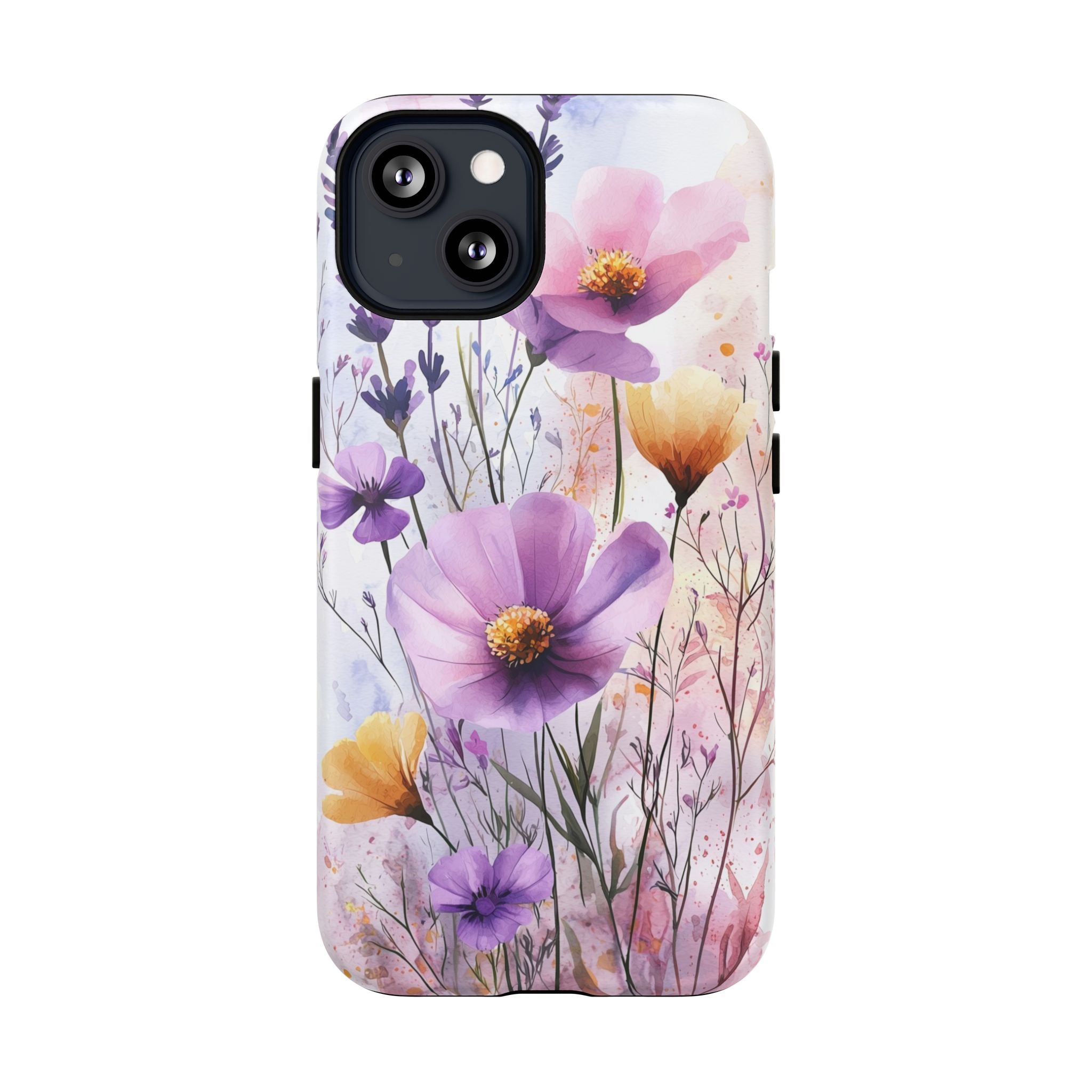 Custodia MagSafe resistente per iPhone con motivo acquerello floreale | Fiori di campo viola e gialli