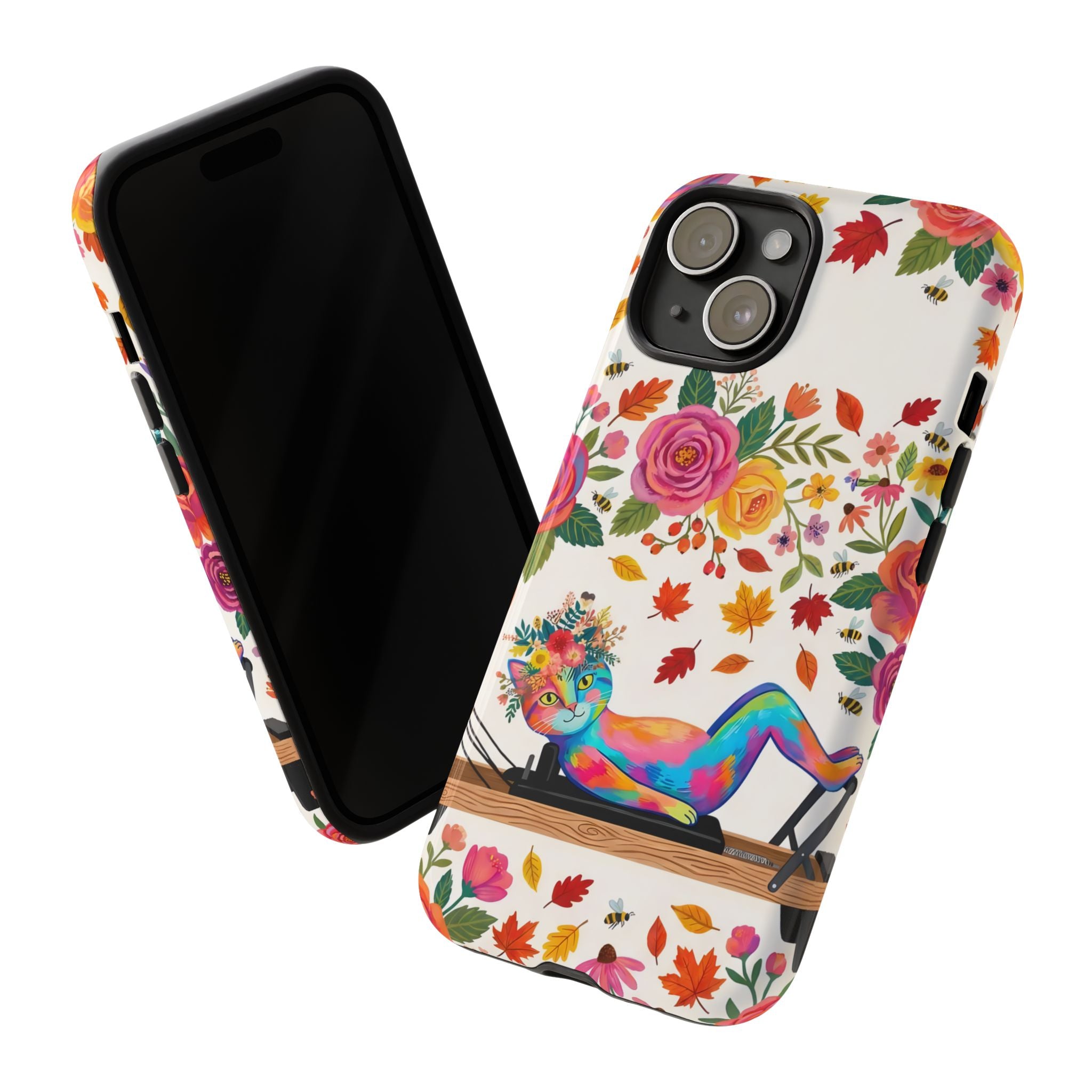 Autumn Floral Pilates iPhone Case | Colorful Rainbow Pilates Cat on Falling Leaves