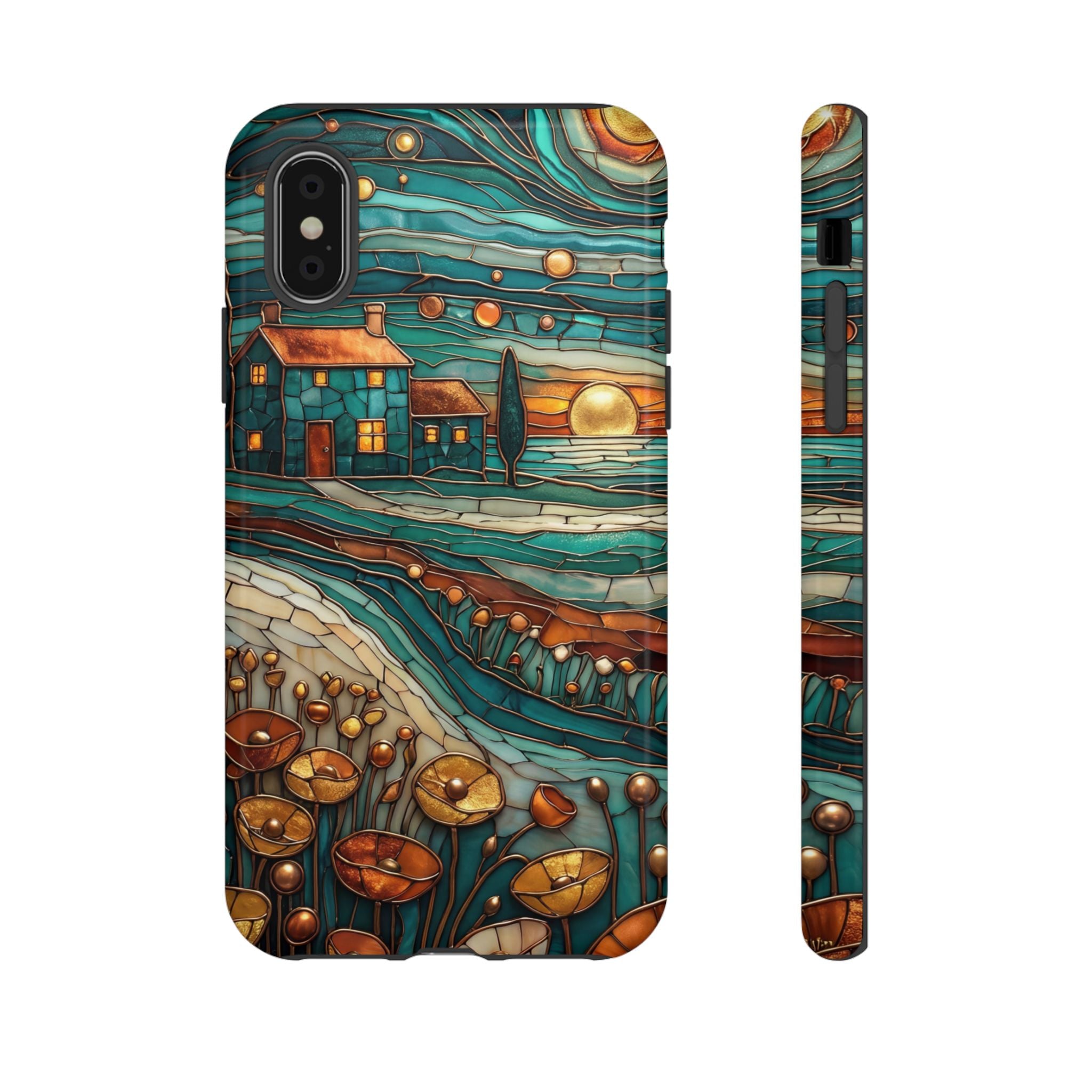 Artistic Sunset Cottage iPhone Case | Whimsical Floral Landscape Protective Cover