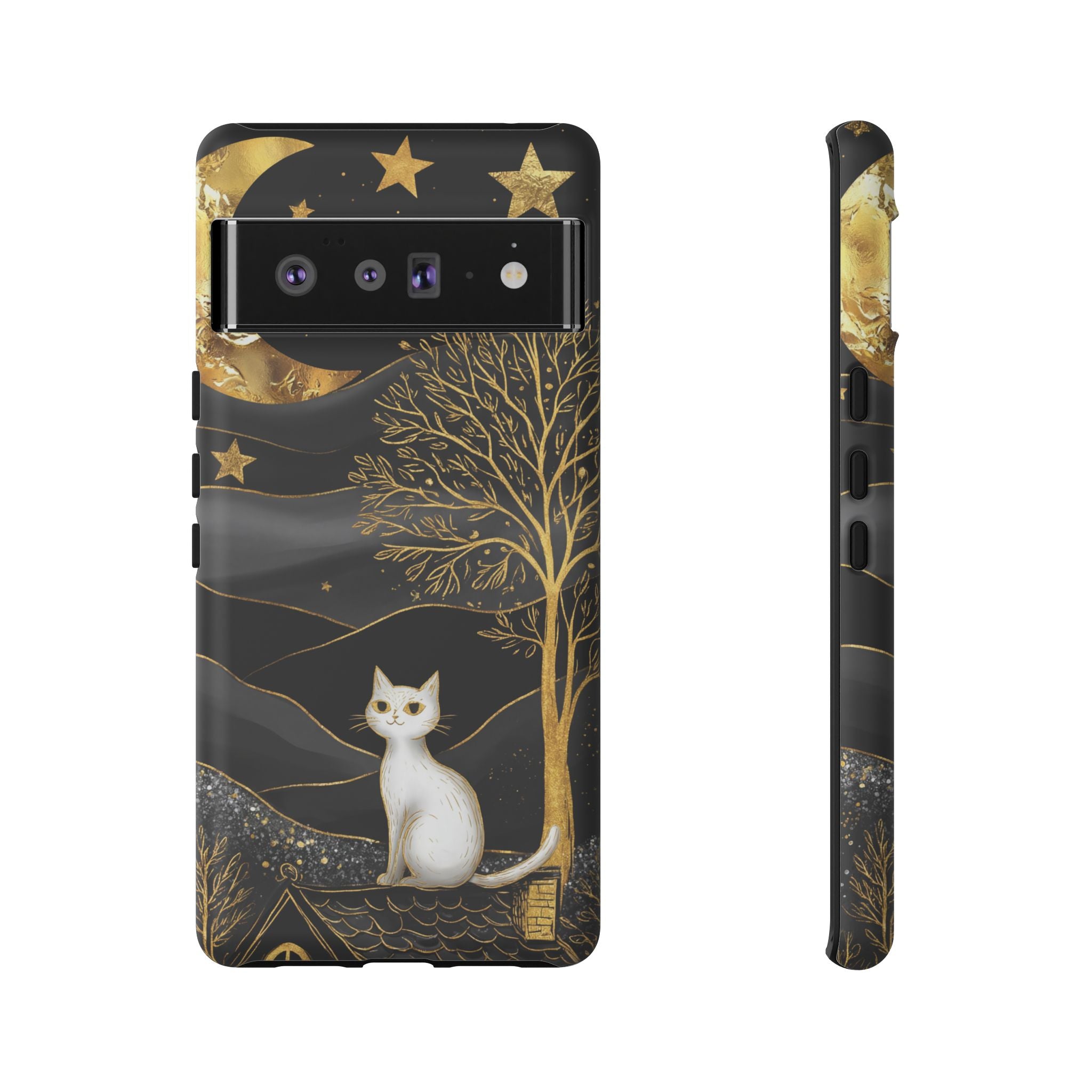 Mystic Night Cat Google Pixel Case | Gold Tree & Stars Tough Case
