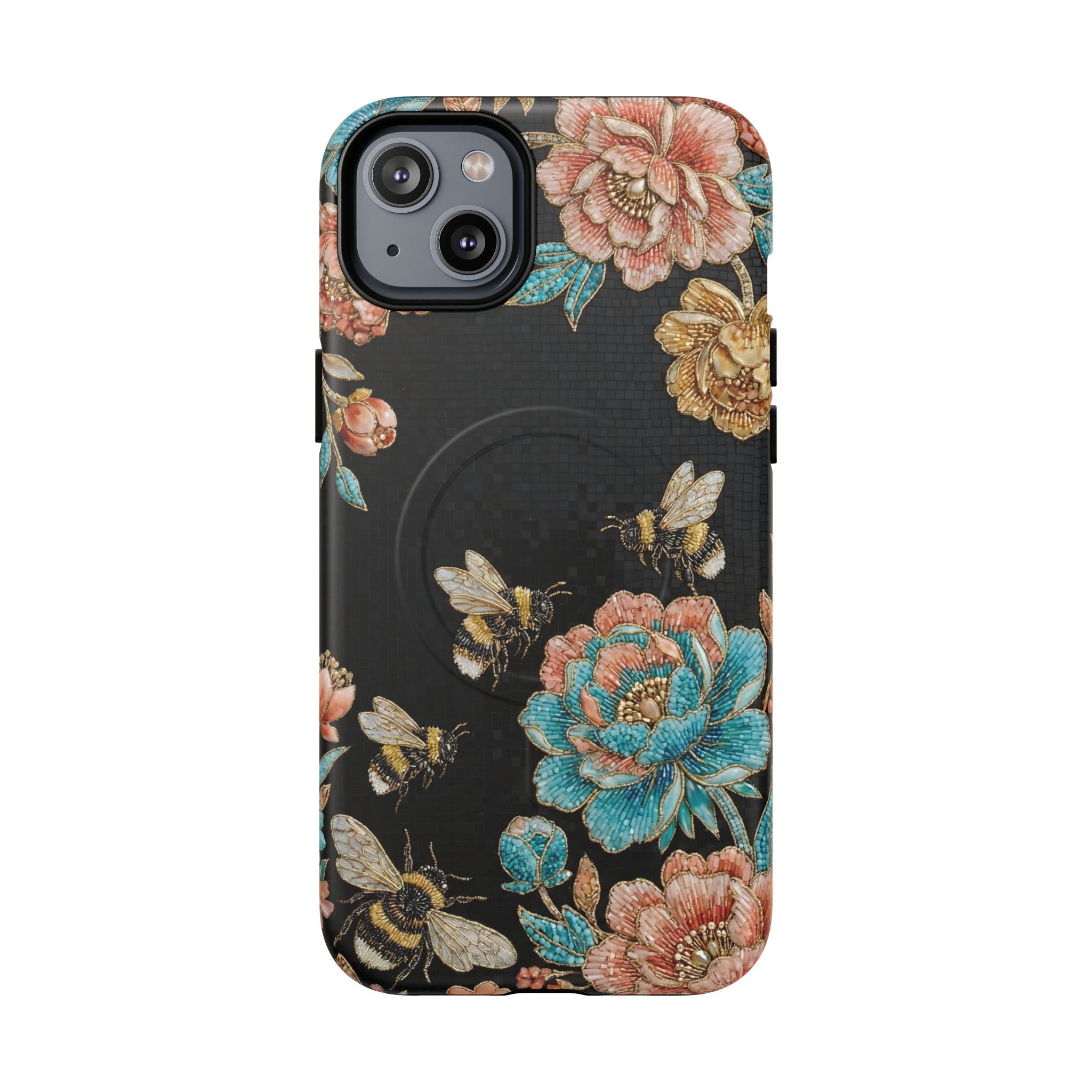Floral Bees Tough MagSafe iPhone Case | Vintage Rose & Bumblebee Protective Cover