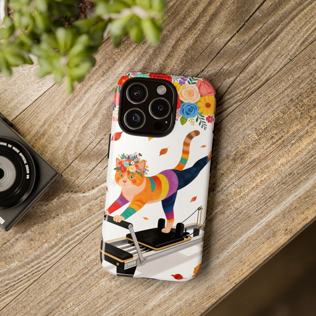 Cat Pilates iPhone Case | Floral Rainbow Cat on Reformer