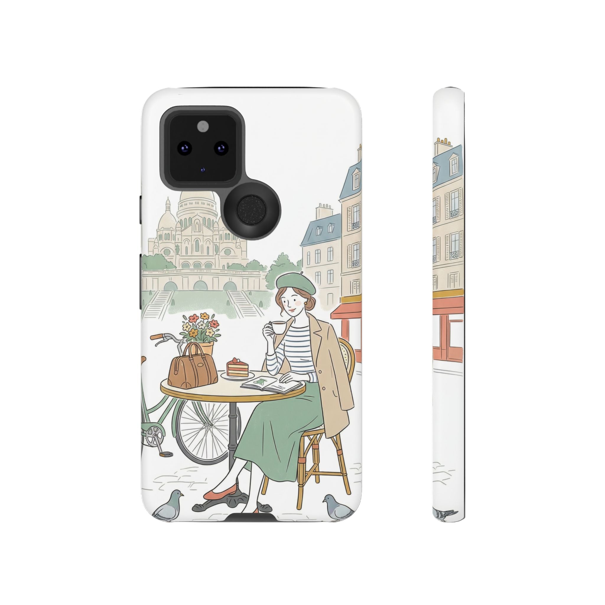 Paris Cafe Illustration Google Pixel Phone Case | Vintage Bicycles & Pigeons Protective Cover