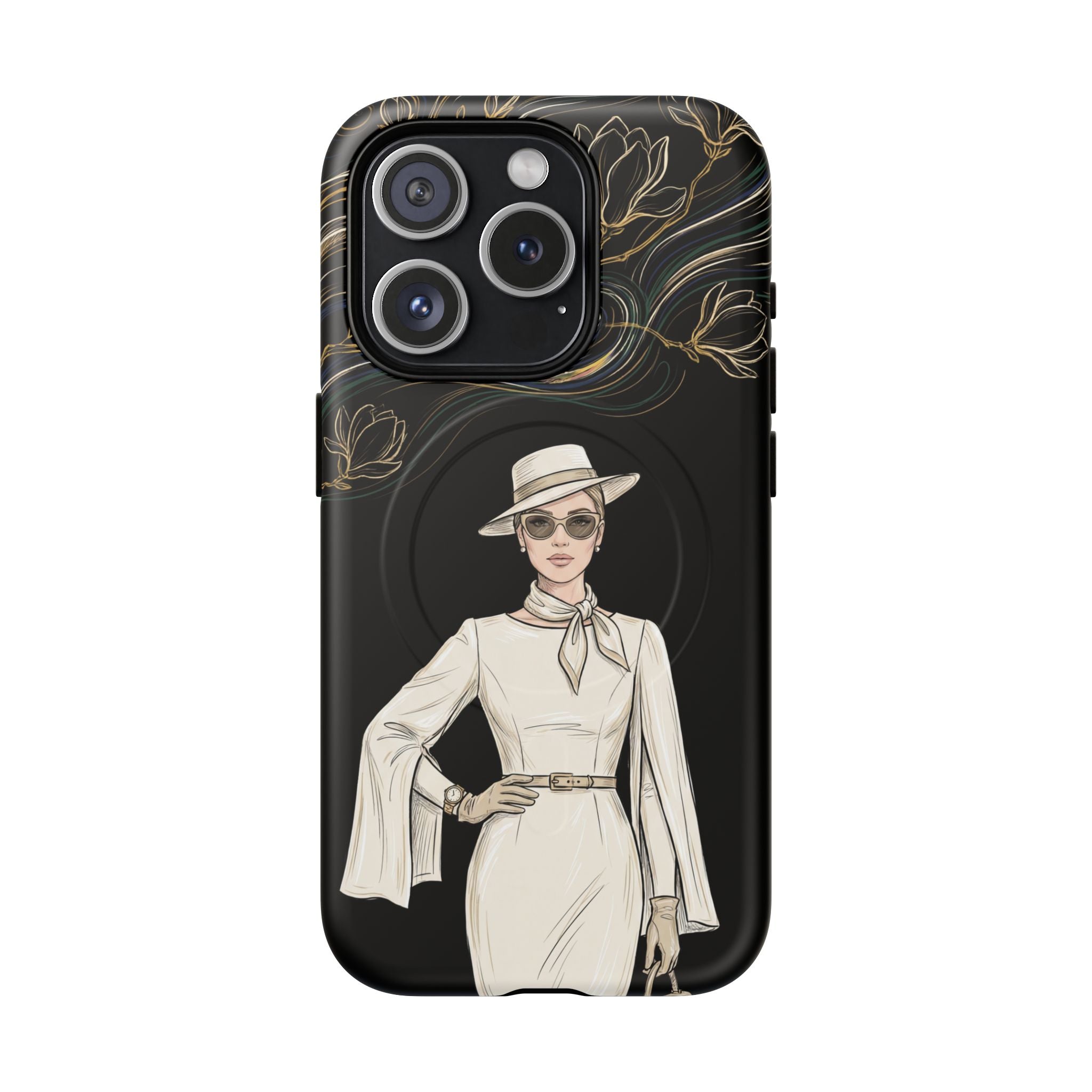 MagSafe iPhone Case | Elegant Vintage Lady with Gold Floral Swirls