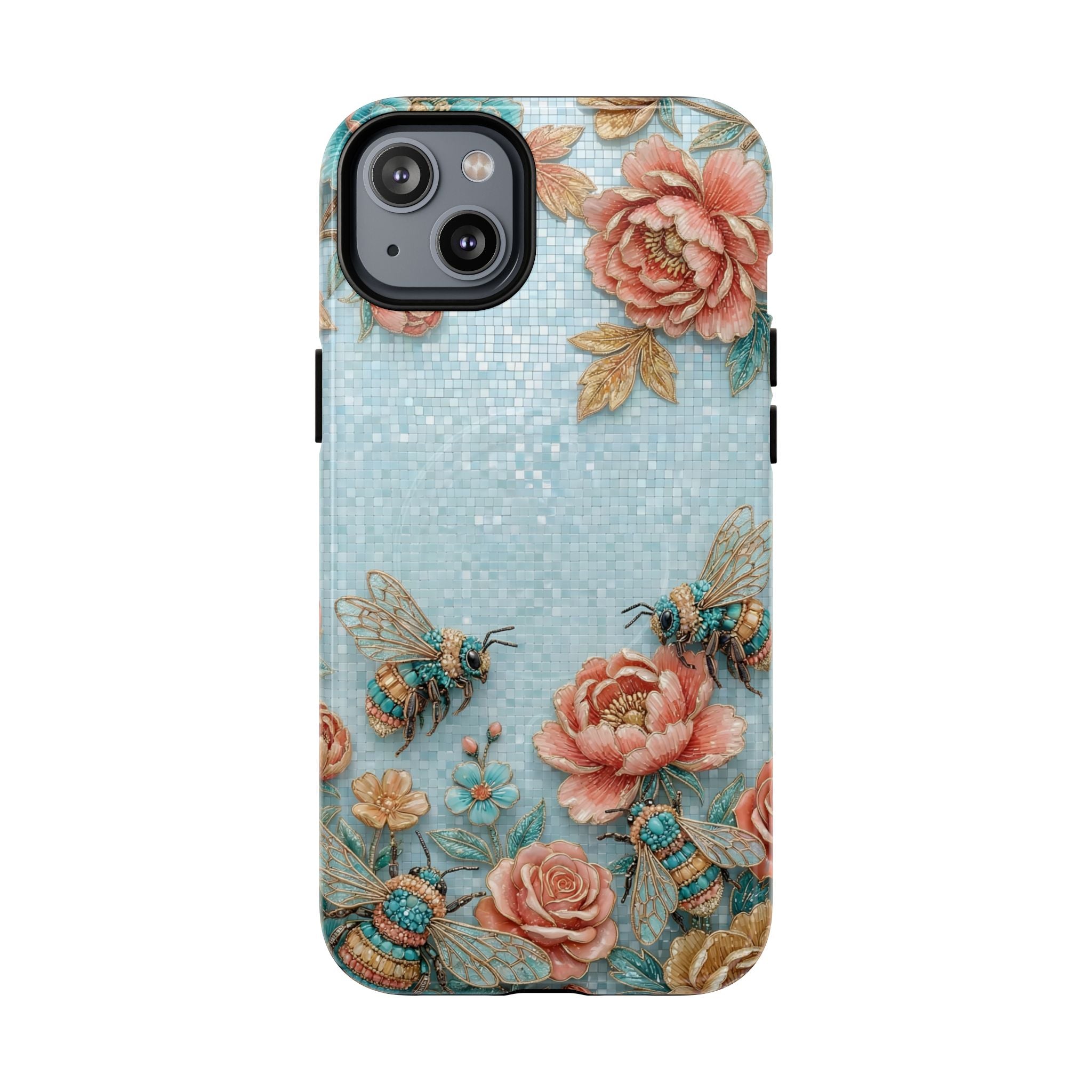 Floral Bees MagSafe iPhone Case | Vintage Rose & Turquoise Protective Cover