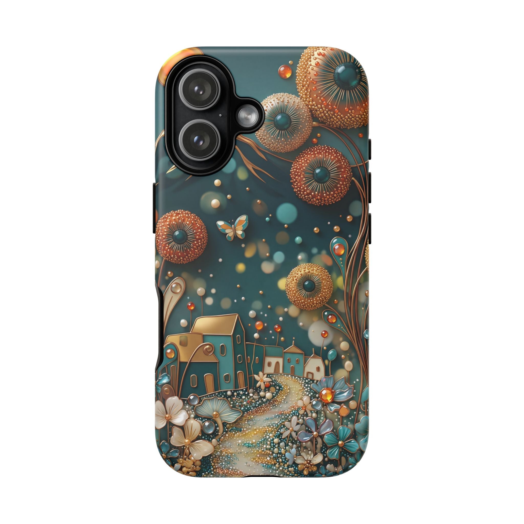 Whimsical Night Village iPhone Case | Floral Moonlit Art Tough Case