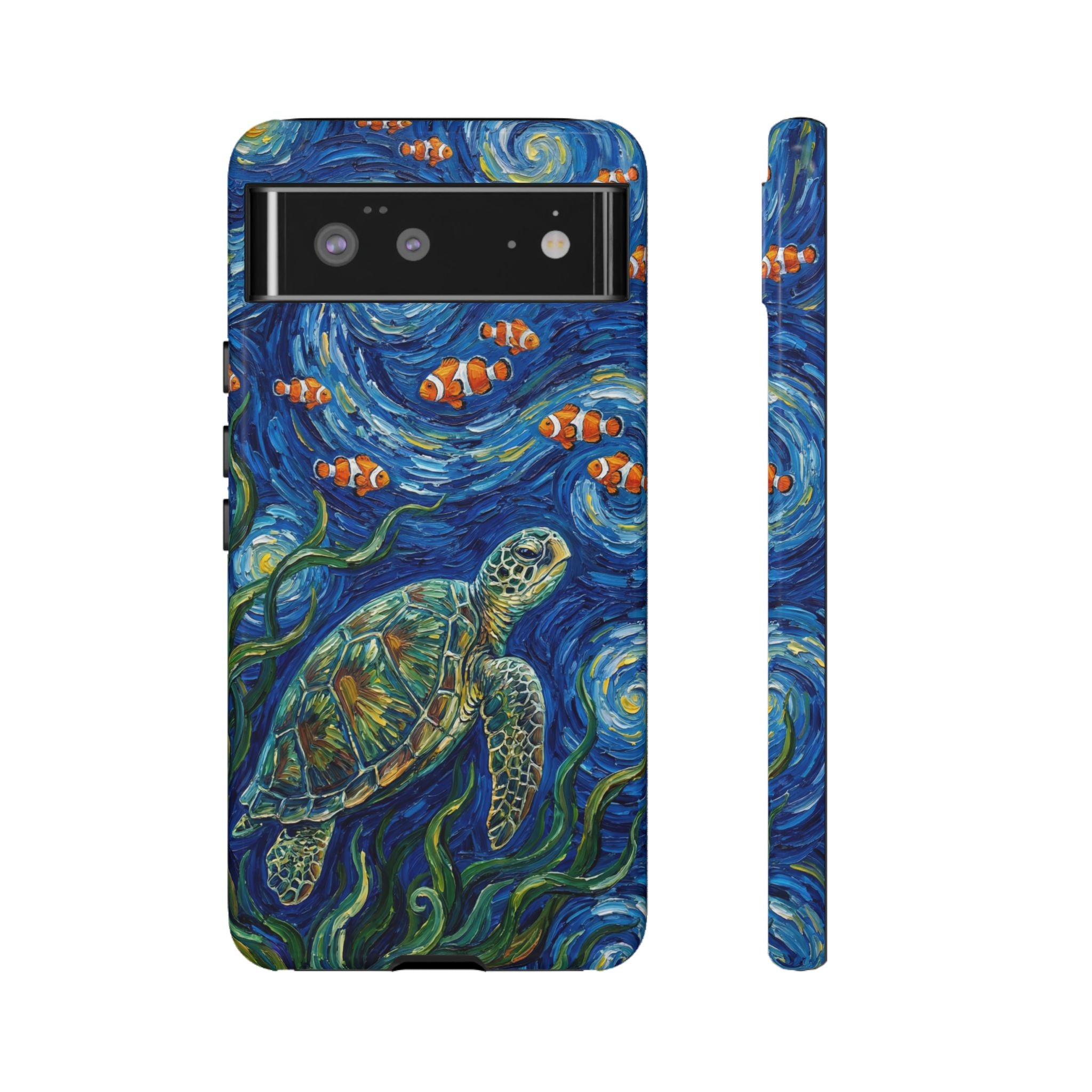 Sea Turtle & Clownfish Tough Google Pixel Case | Van Gogh Style Ocean Art