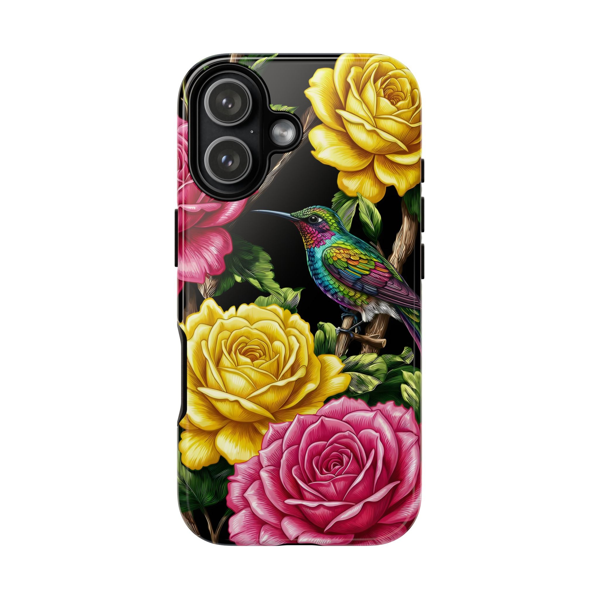 Cover iPhone Robusta Colibrì Floreale | Protezione Vibrante da Giardino Rosa e Giallo
