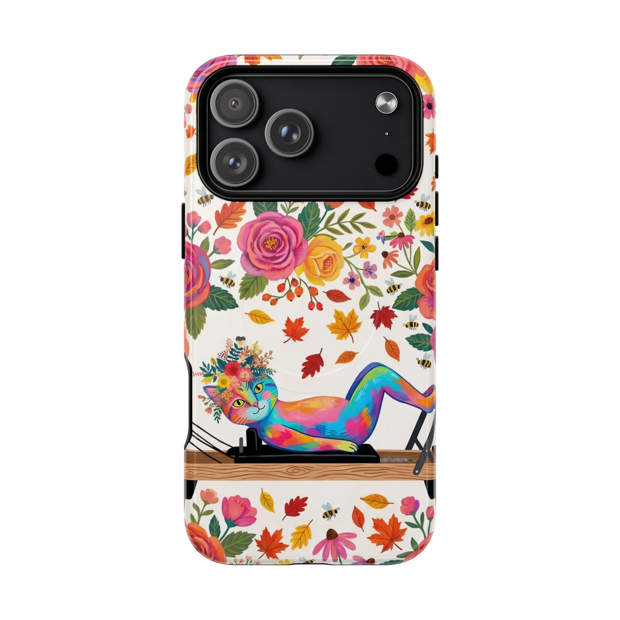 Autumn Floral Pilates MagSafe iPhone Case | Colorful Rainbow Pilates Cat on Falling Leaves