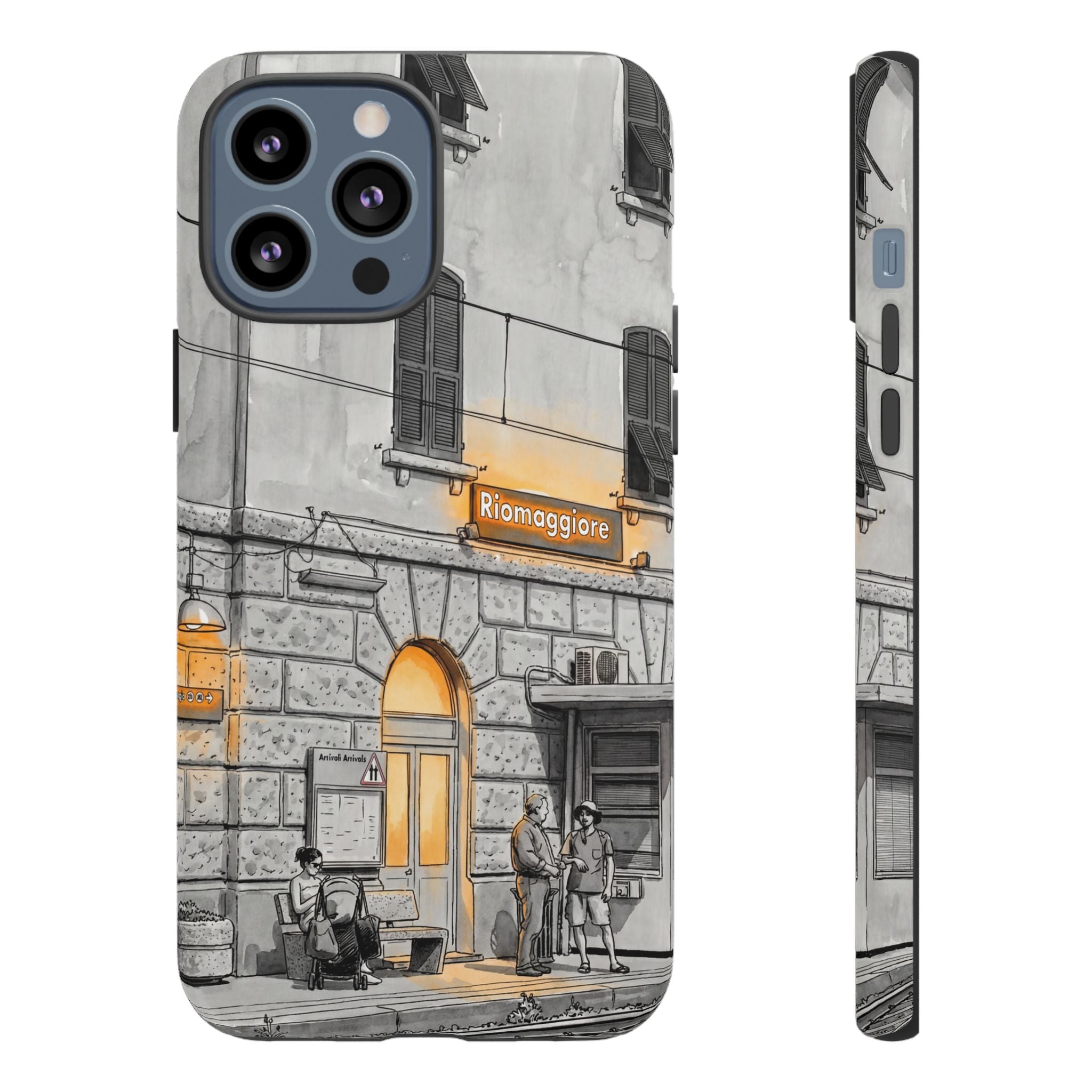 Cinque Terre Train Station iPhone Case | Black & White Sketch with Warm Yellow Accents
