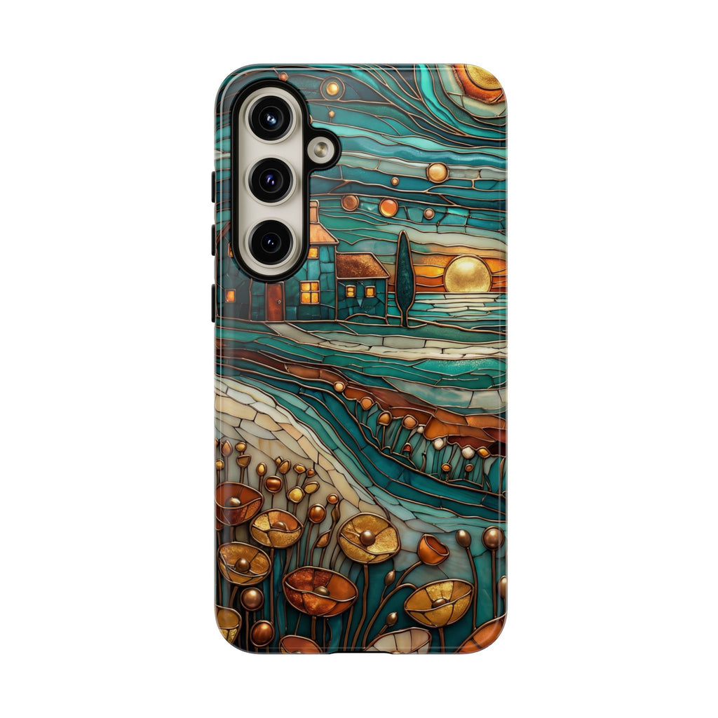 Artistic Sunset Cottage Samsung Galaxy Case | Whimsical Floral Landscape Protective Cover