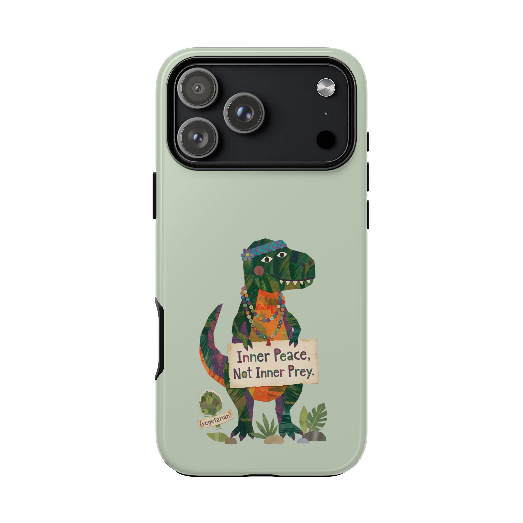Funny T Rex Tough iPhone Case | Sage Green Inner Peace Dinosaur Cover