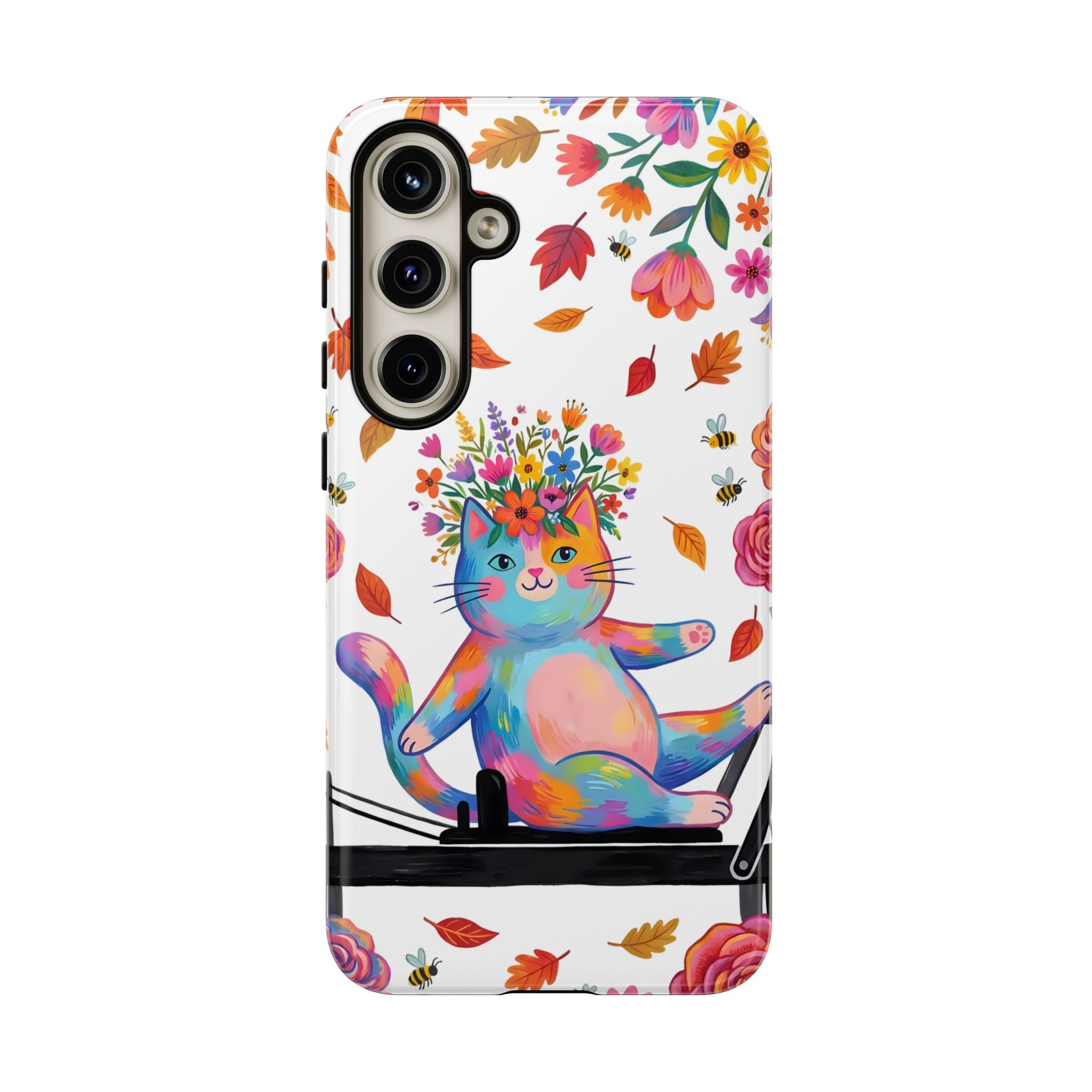 Colorful Floral Cat on Pilates Reformer Protective Samsung Galaxy Phone Case