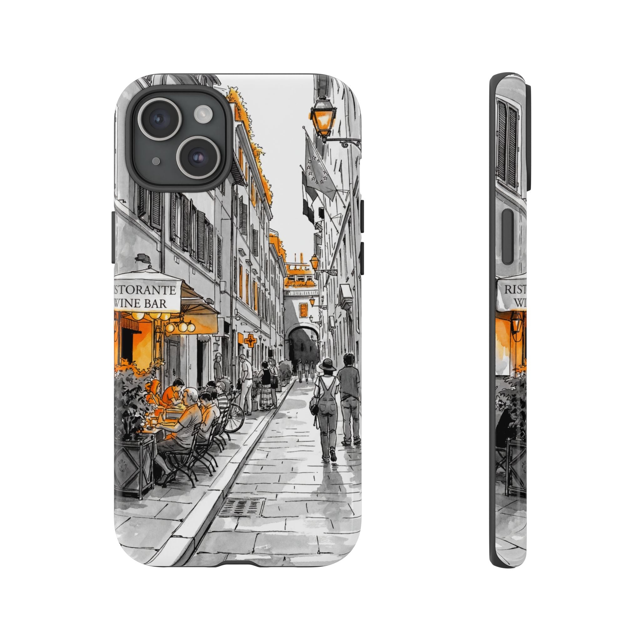 Vintage Italy Street iPhone Case | Black & White Sketch with Orange Accent