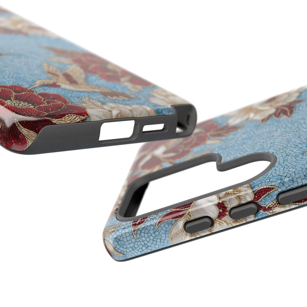 Cover Resistente Samsung Galaxy Colibrì Floreale | Design Botanico Vintage Blu e Borgogna