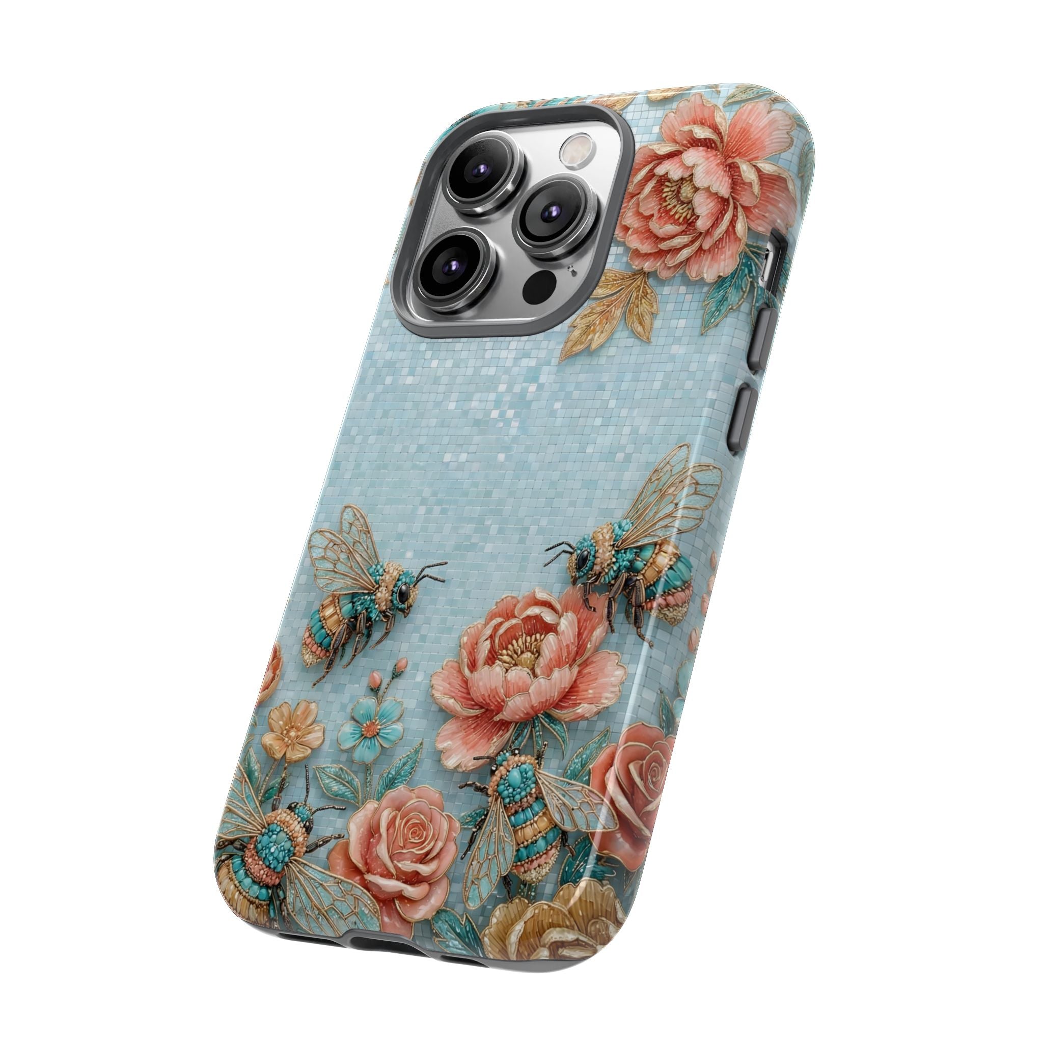 Floral Bees iPhone Case | Vintage Rose & Turquoise Protective Cover