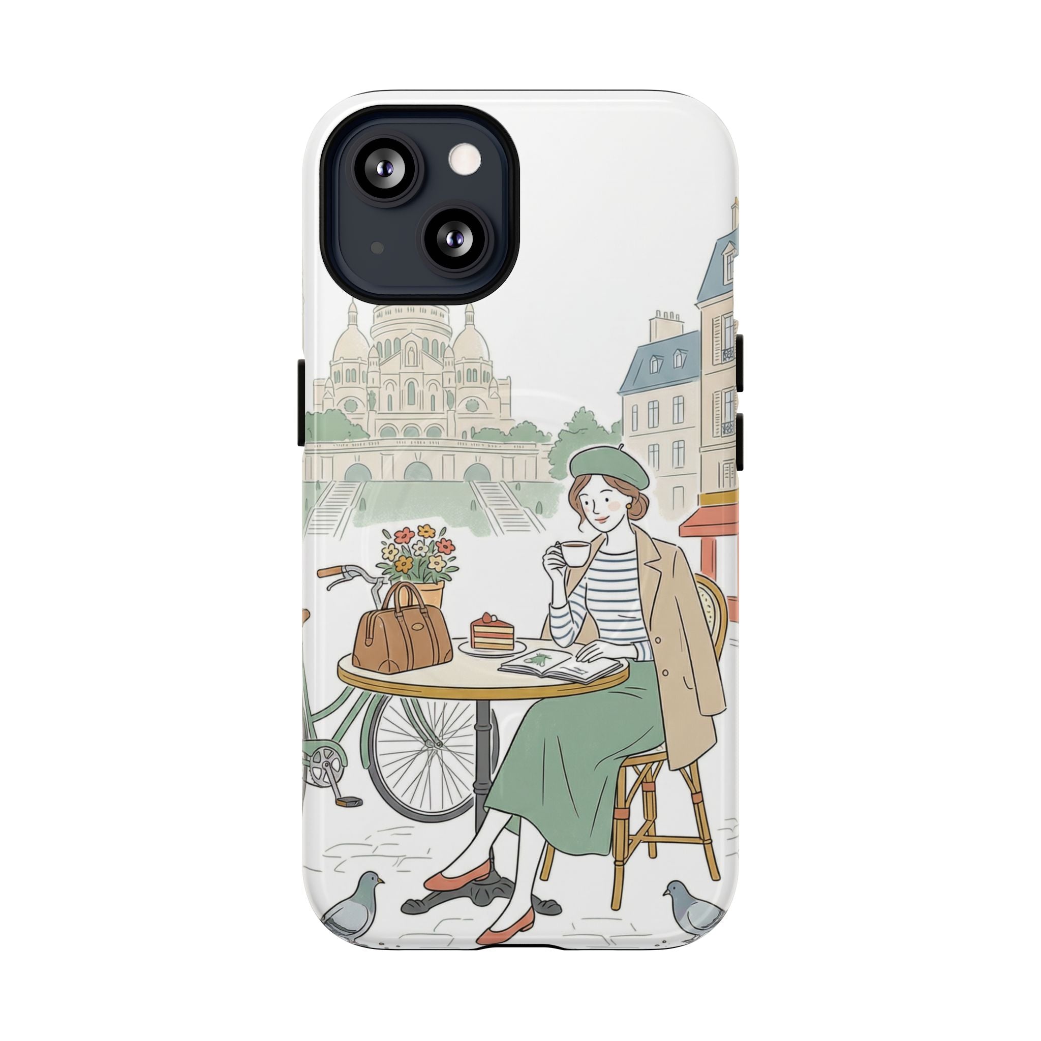 Paris Cafe Illustration MagSafe iPhone Case | Vintage Bicycles & Pigeons Protective Cover