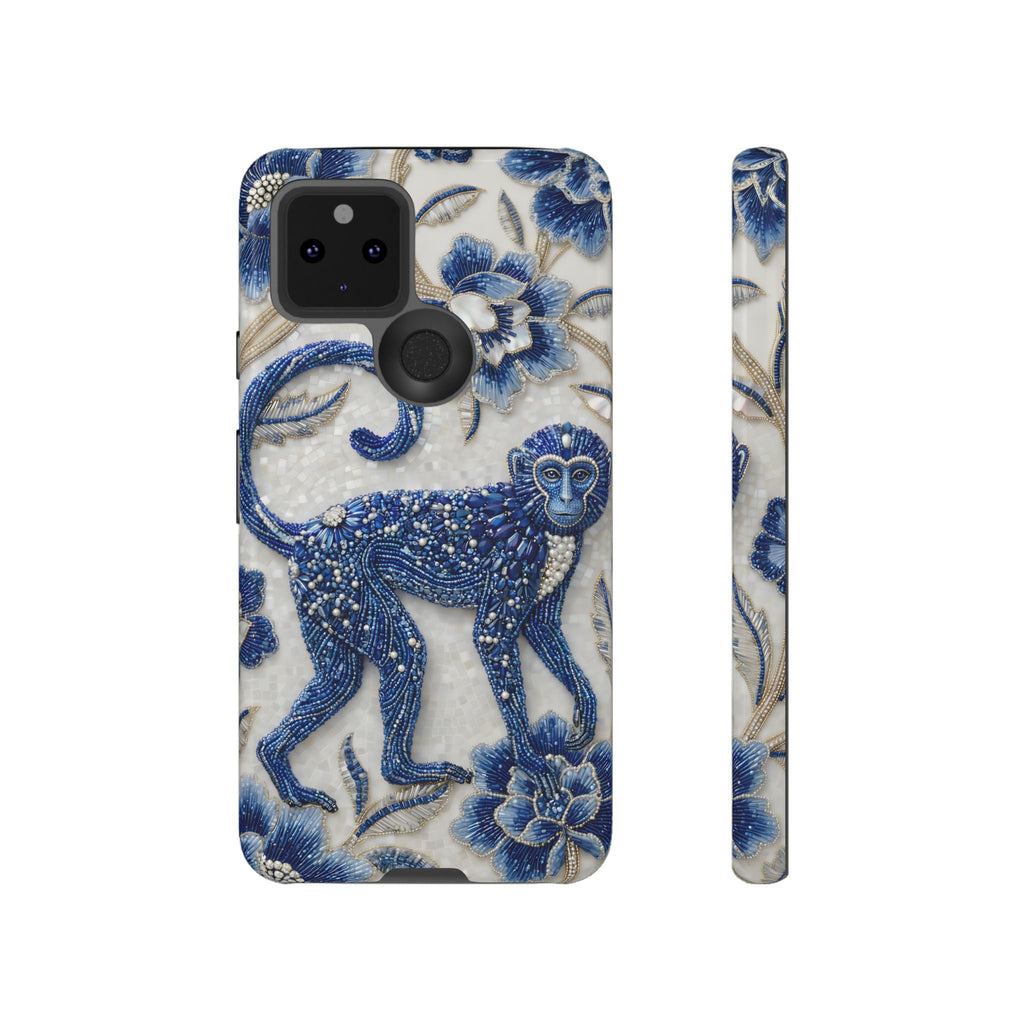 Custodia per telefono Google Pixel Scimmia Zodiaco Asiatico | Custodia protettiva artistica in porcellana blu e bianca | Regalo Anno della Scimmia