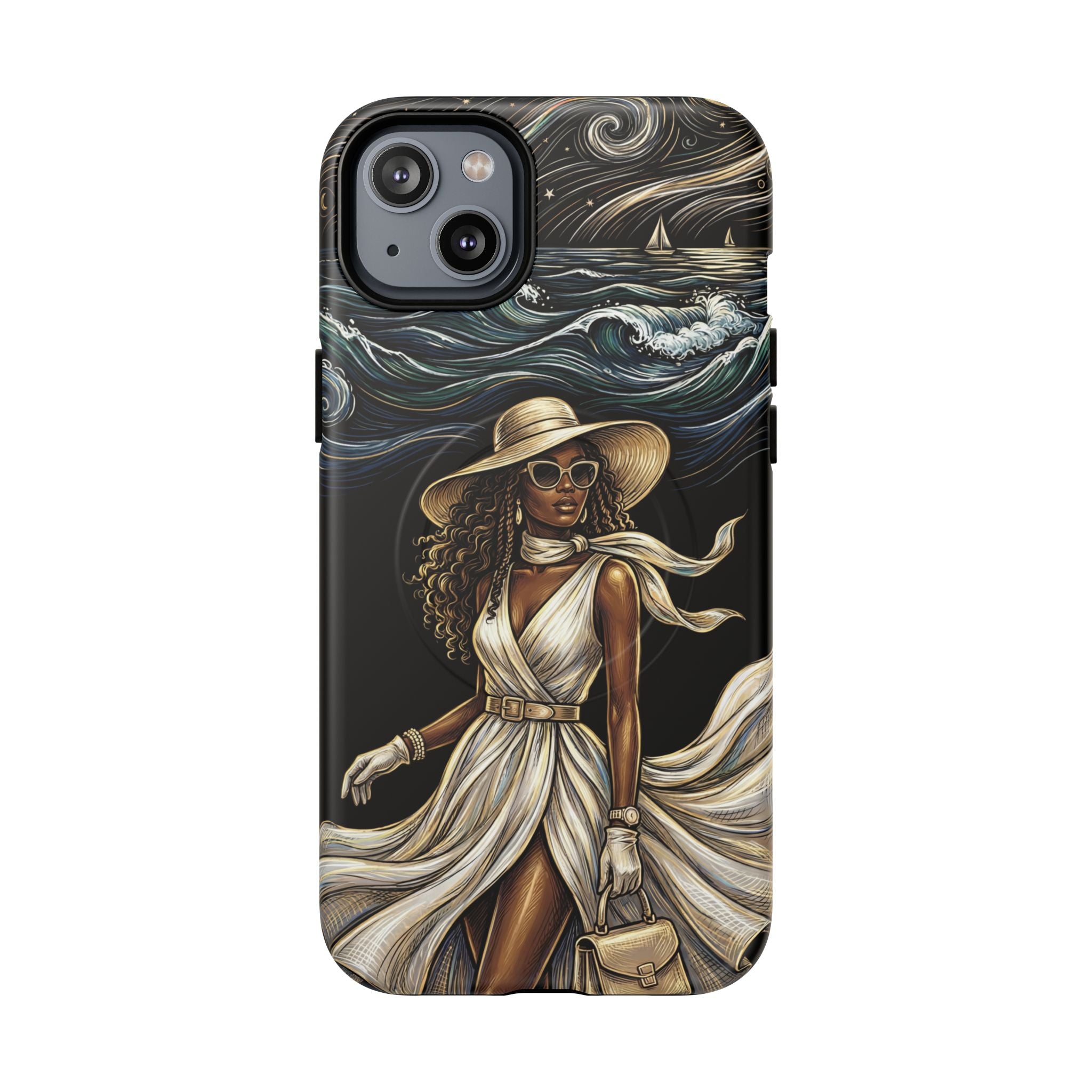 MagSafe iPhone Case | Elegant Black Woman in Flowing Dress by the Sea