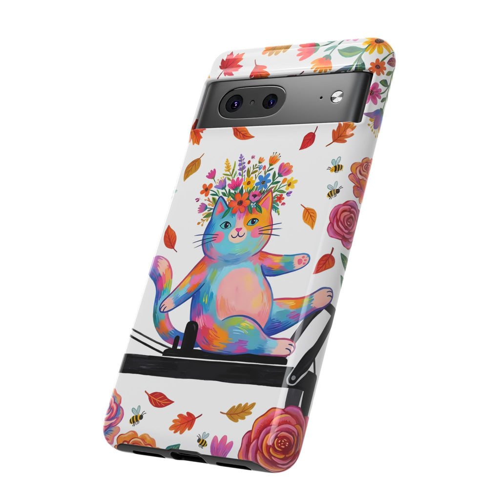 Custodia protettiva per Google Pixel con gatto floreale colorato su Pilates Reformer