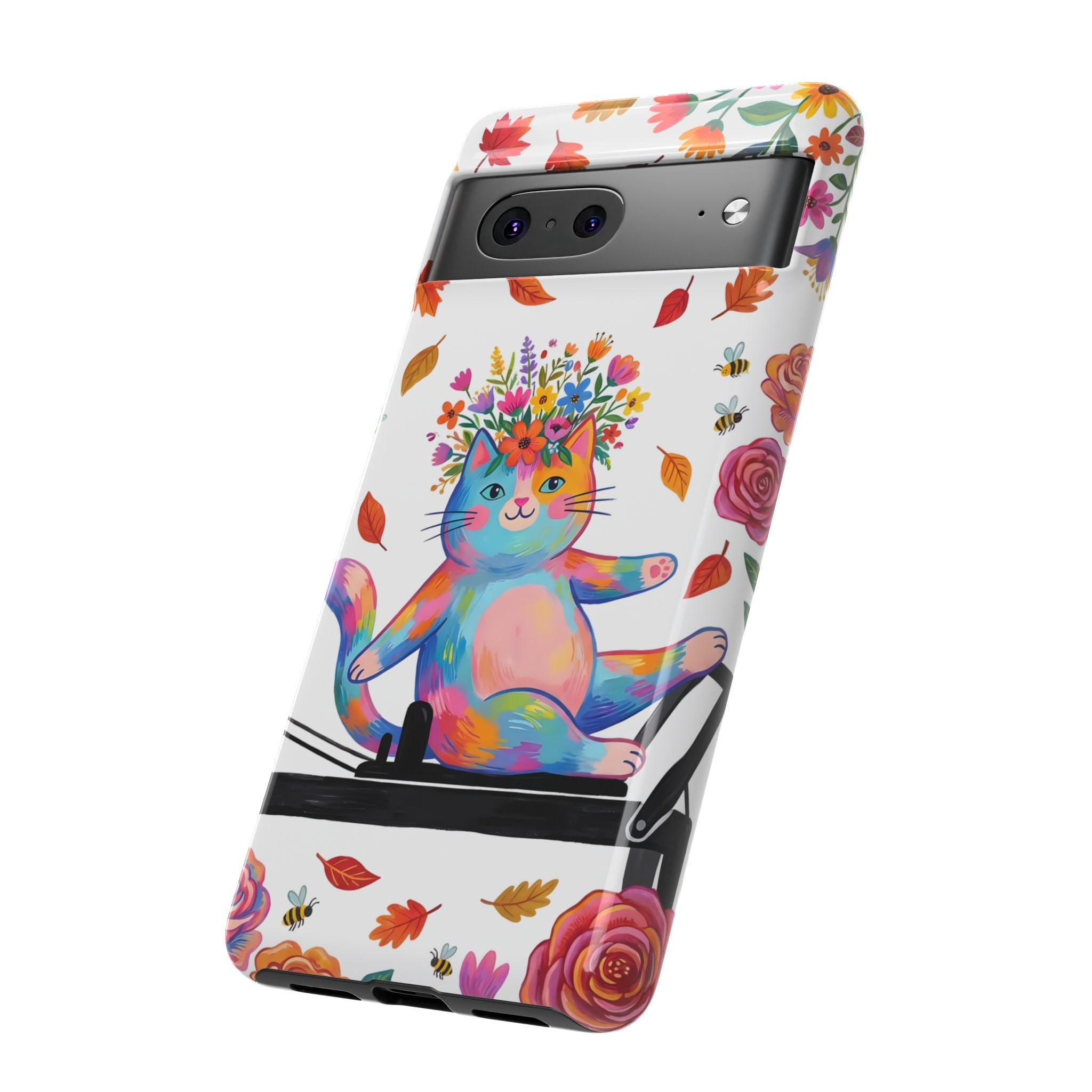 Custodia protettiva per Google Pixel con gatto floreale colorato su Pilates Reformer