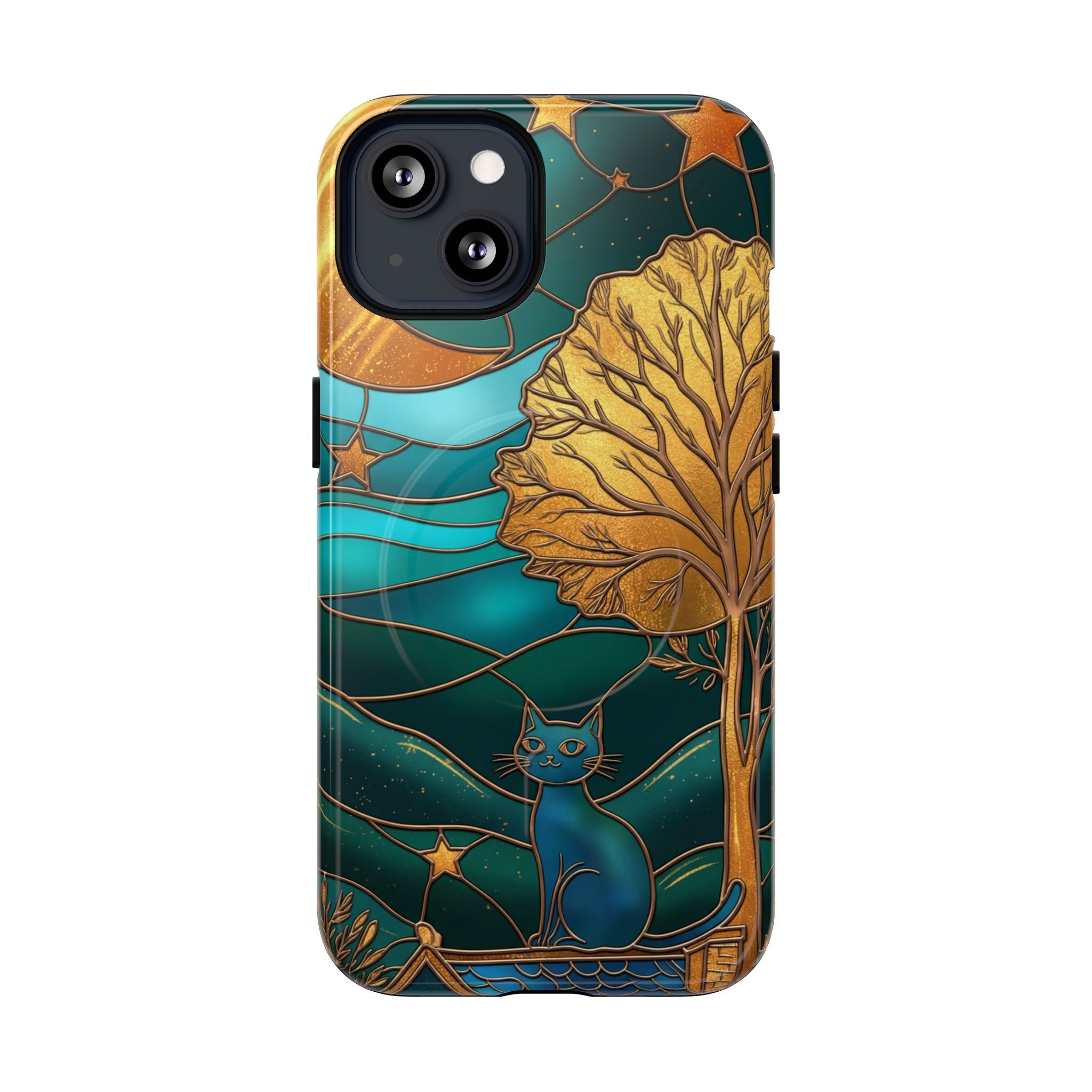 Art Nouveau Cat iPhone Case | Stained Glass Moon & Tree Tough MagSafe Case