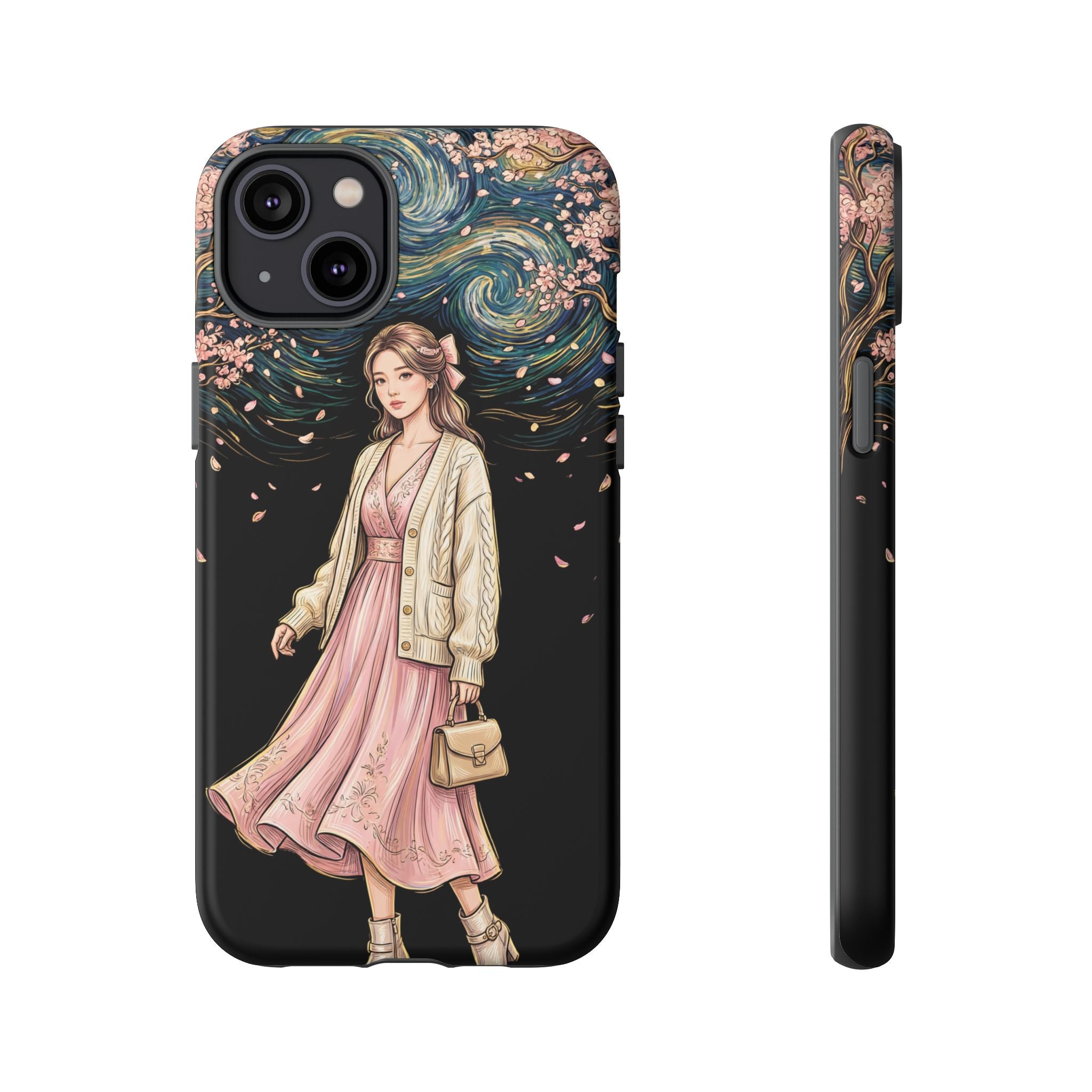 Floral Starry Night iPhone Case | Elegant Girl in Pink Dress
