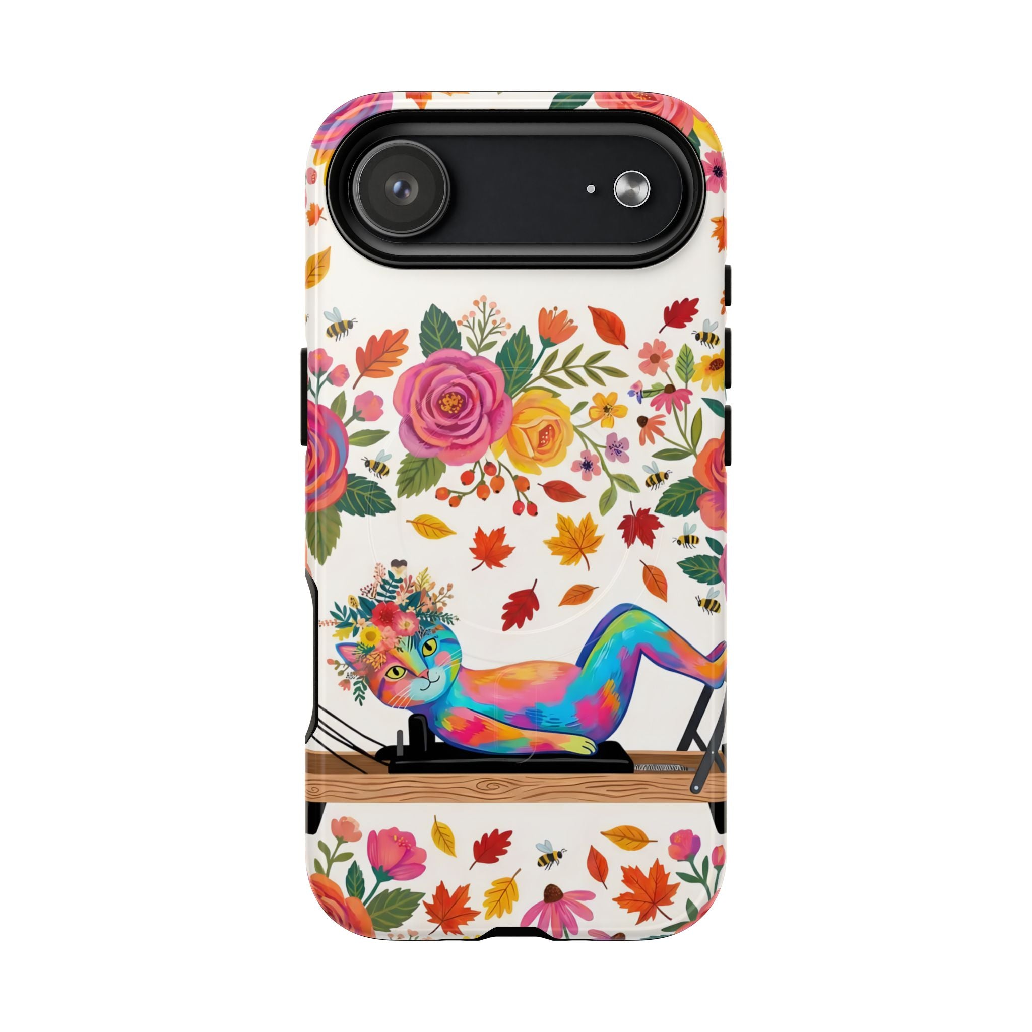 Autumn Floral Pilates MagSafe iPhone Case | Colorful Rainbow Pilates Cat on Falling Leaves