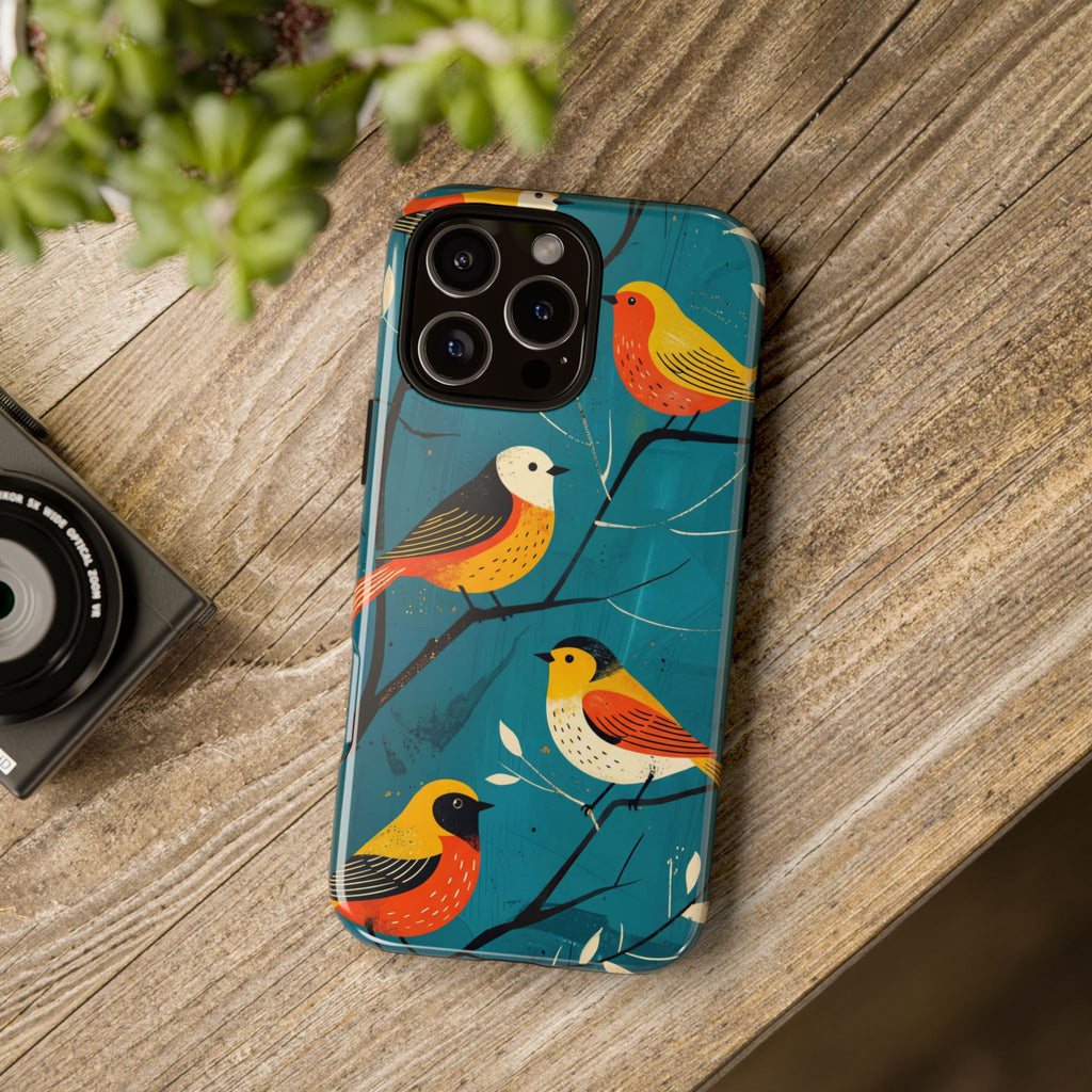 Bird Pattern Tough iPhone Case | Colourful Songbirds on Teal Background