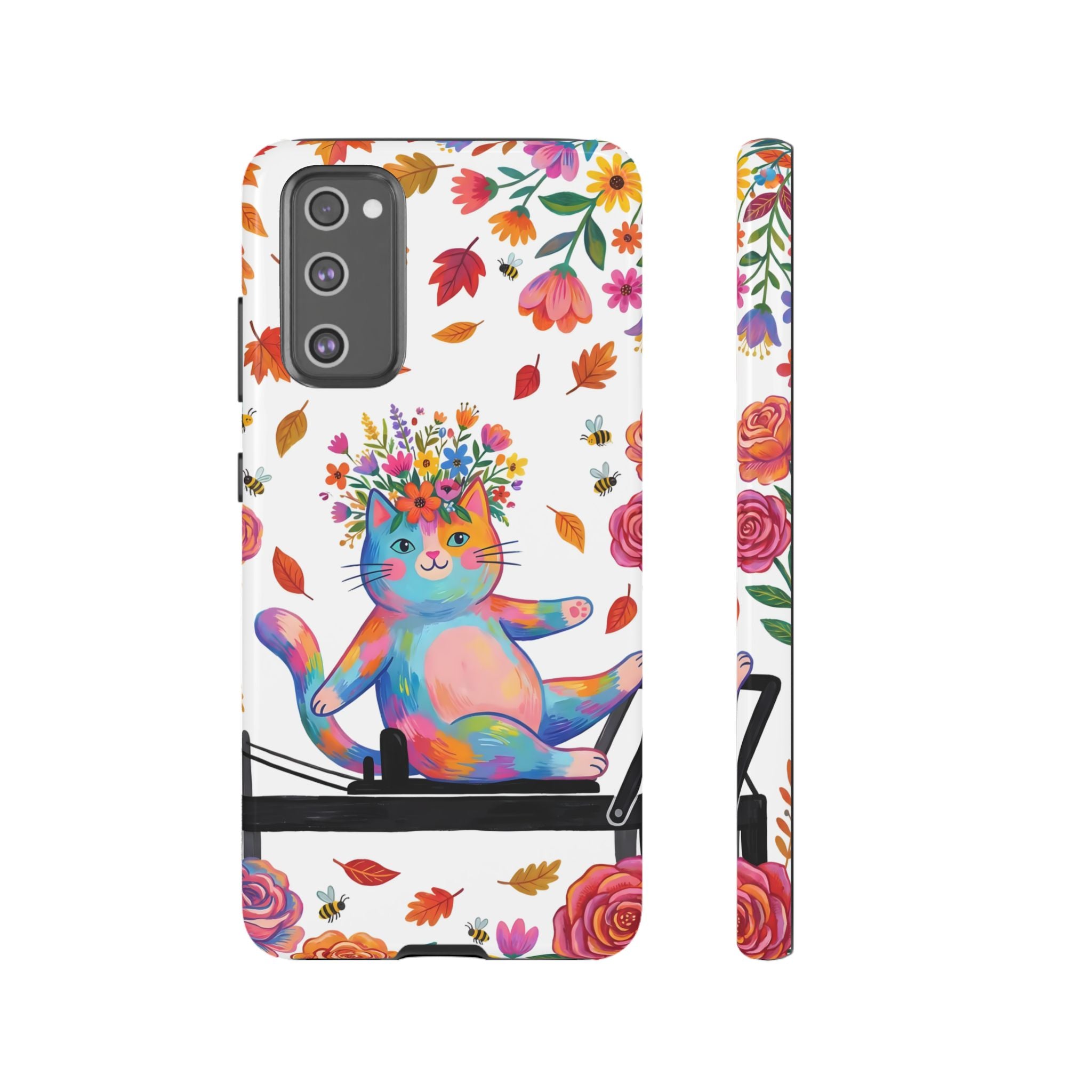 Colorful Floral Cat on Pilates Reformer Protective Samsung Galaxy Phone Case