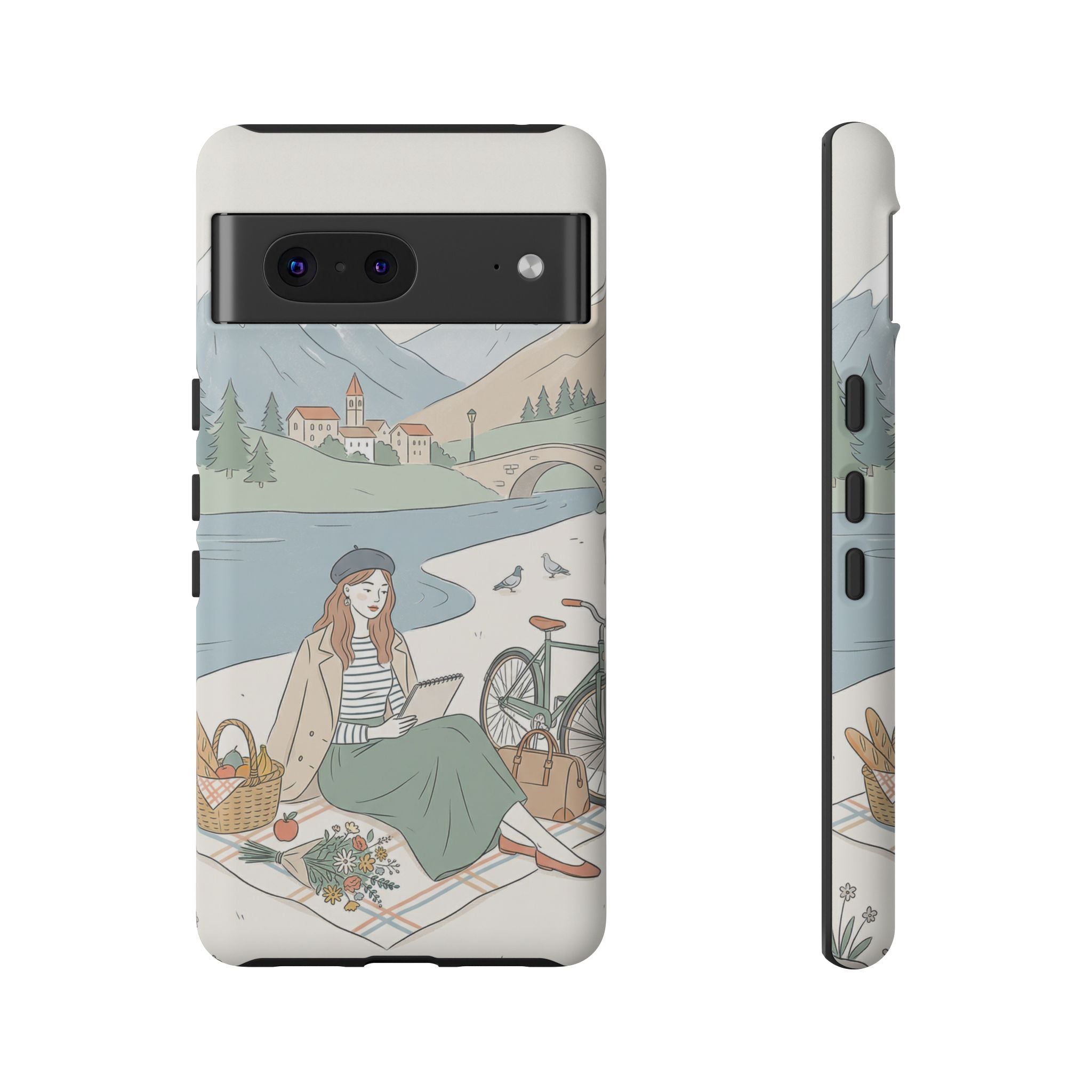 Scenic Picnic Google Pixel Phone Case | Vintage Bicycle & Mountain Illustration